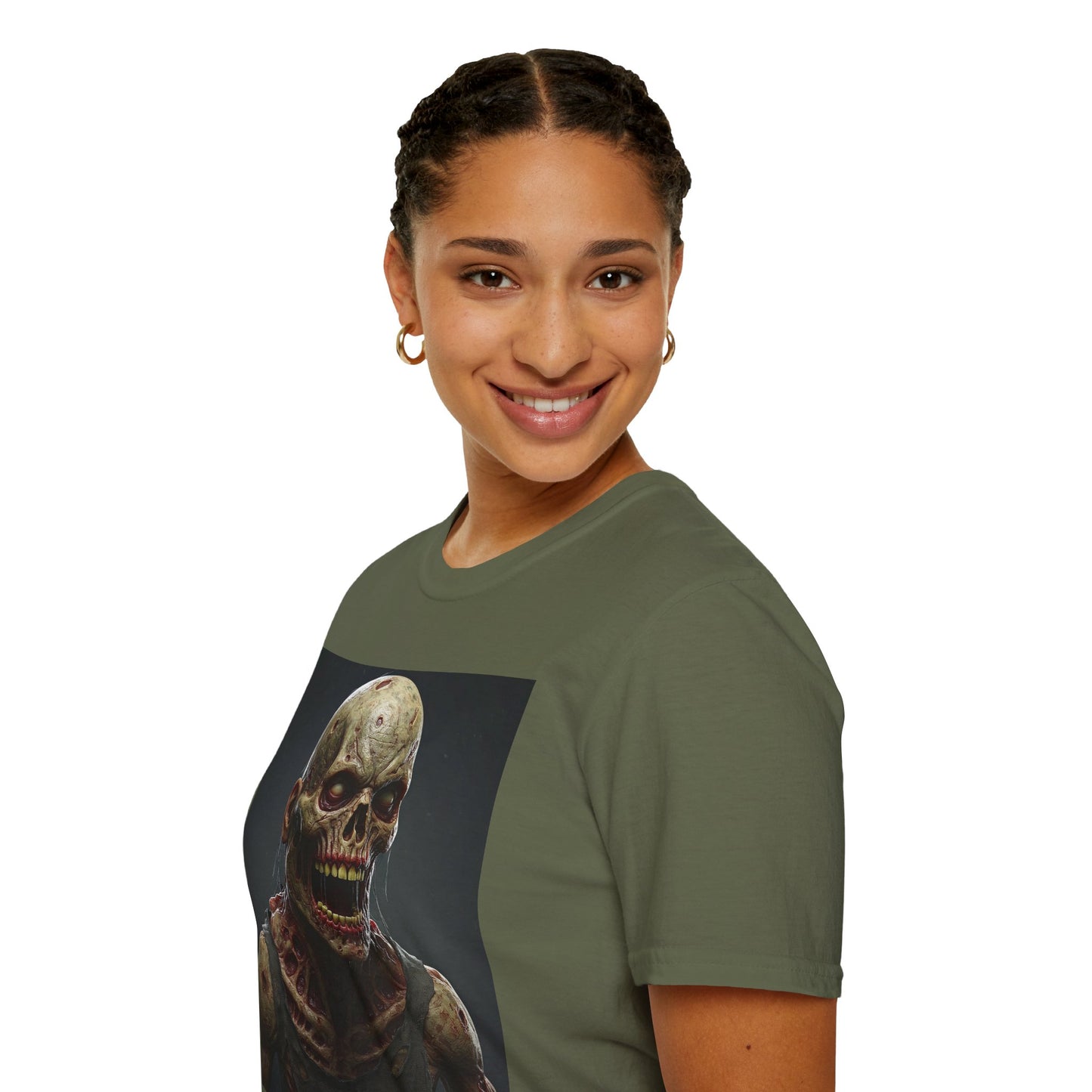 Unisex Softstyle T-Shirt with Creepy Zombie Graphic - Perfect for Halloween and Horror Fans