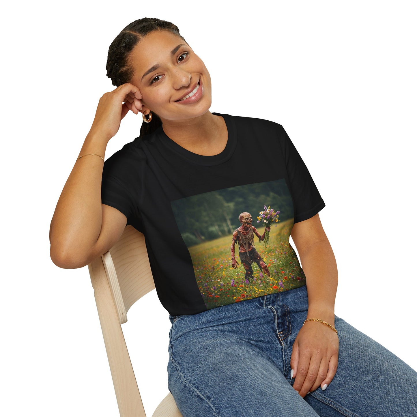 Zombie in Bloom Unisex Softstyle T-Shirt – Perfect for Halloween and Unique Gift Ideas