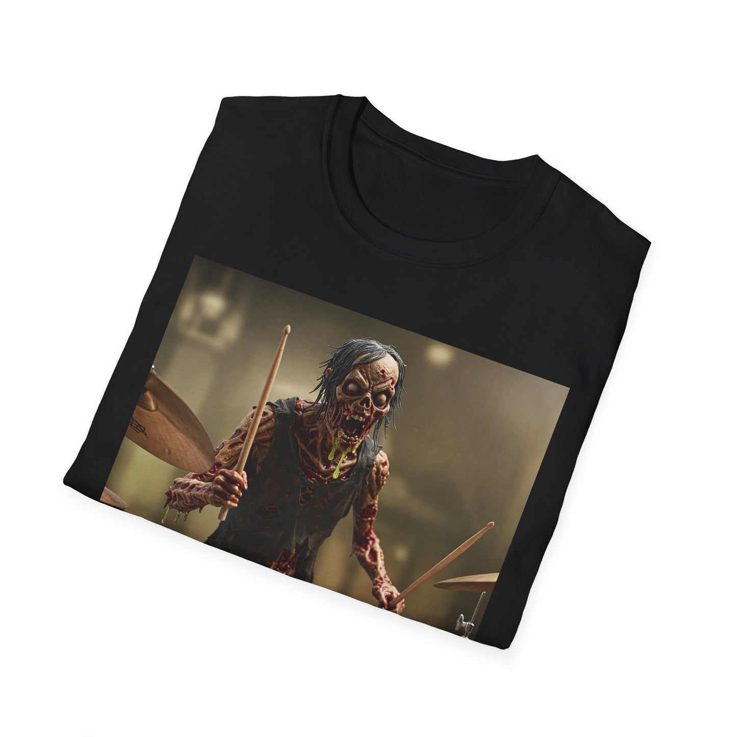 Zombie Drummer Unisex Softstyle T-Shirt - Perfect for Music Lovers and Halloween