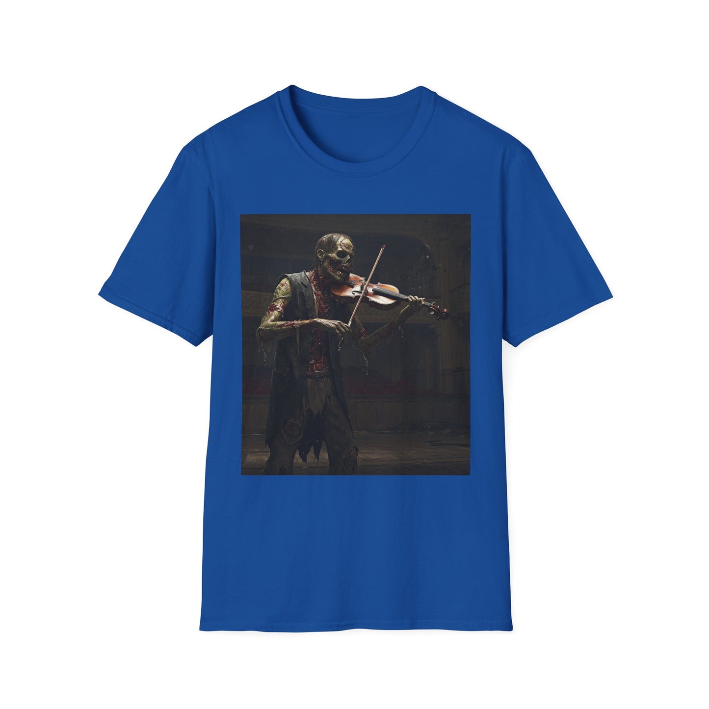 Vintage Zombie Violinist Apocalyptic Portrait Tee, bold, decaying zombie graphic