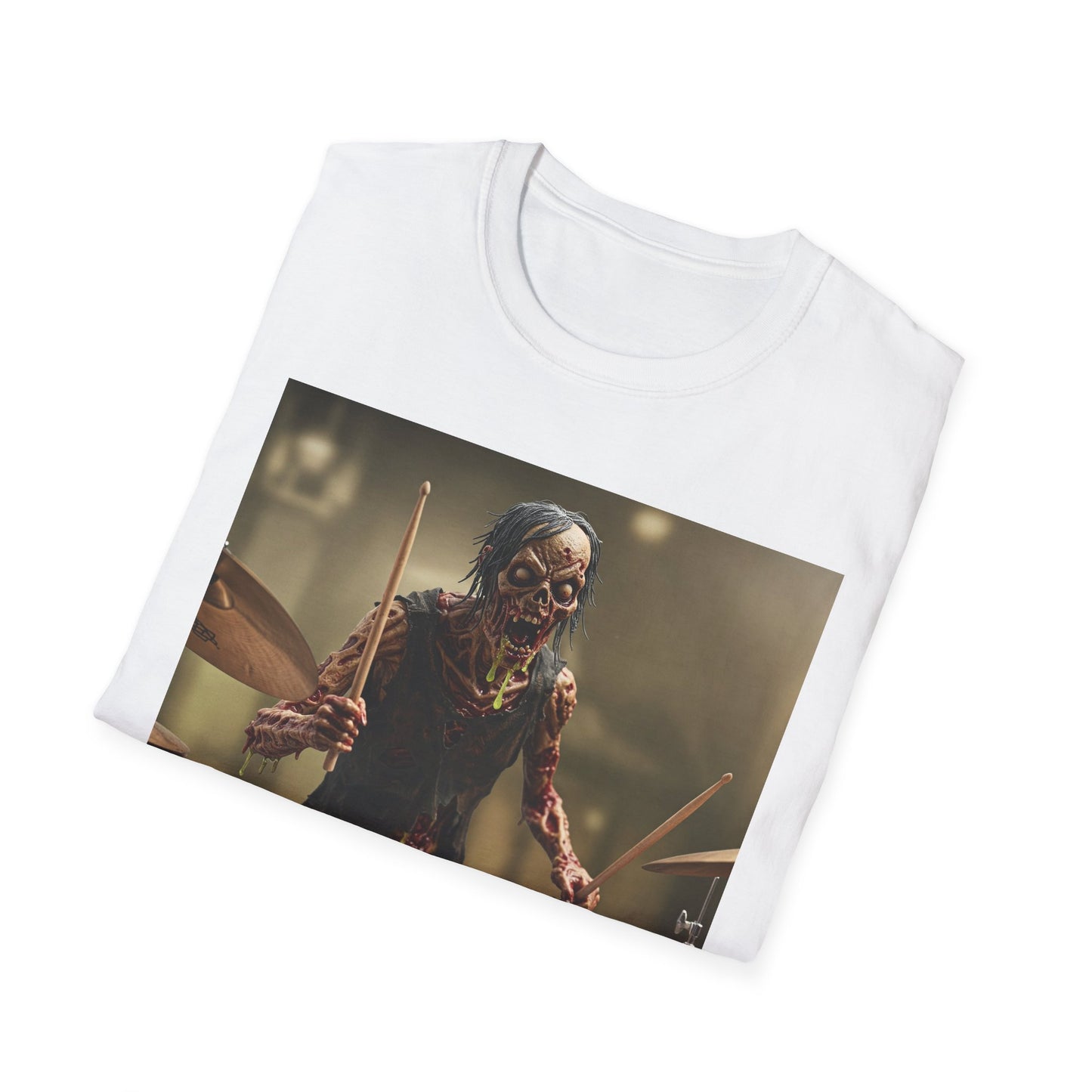 Zombie Drummer Unisex Softstyle T-Shirt - Perfect for Music Lovers and Halloween