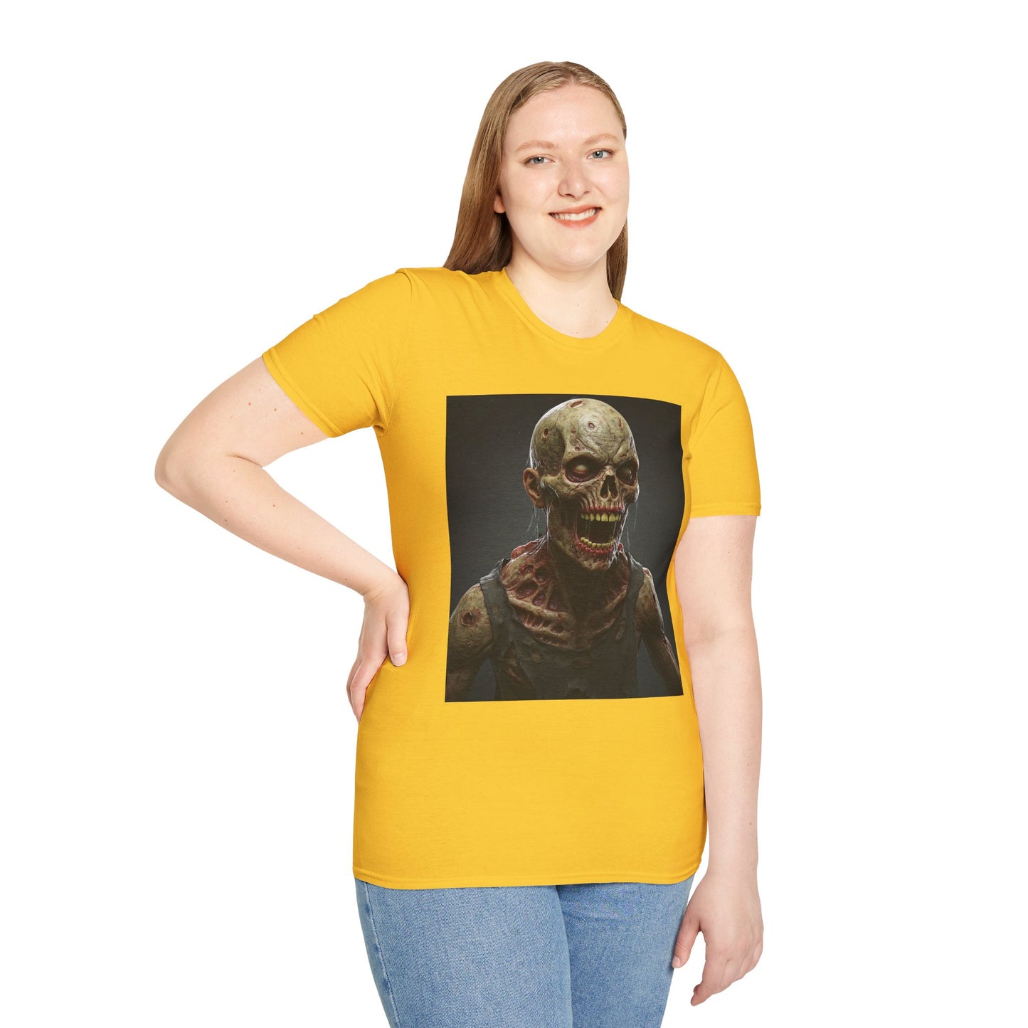 Unisex Softstyle T-Shirt with Creepy Zombie Graphic - Perfect for Halloween and Horror Fans