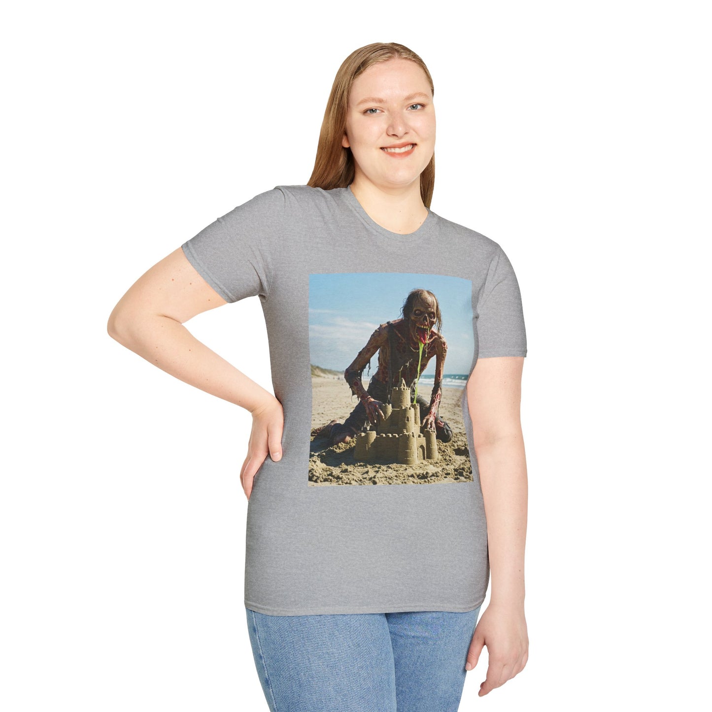 Zombie Sandcastle Unisex Softstyle T-Shirt | Fun Beach Horror Tee