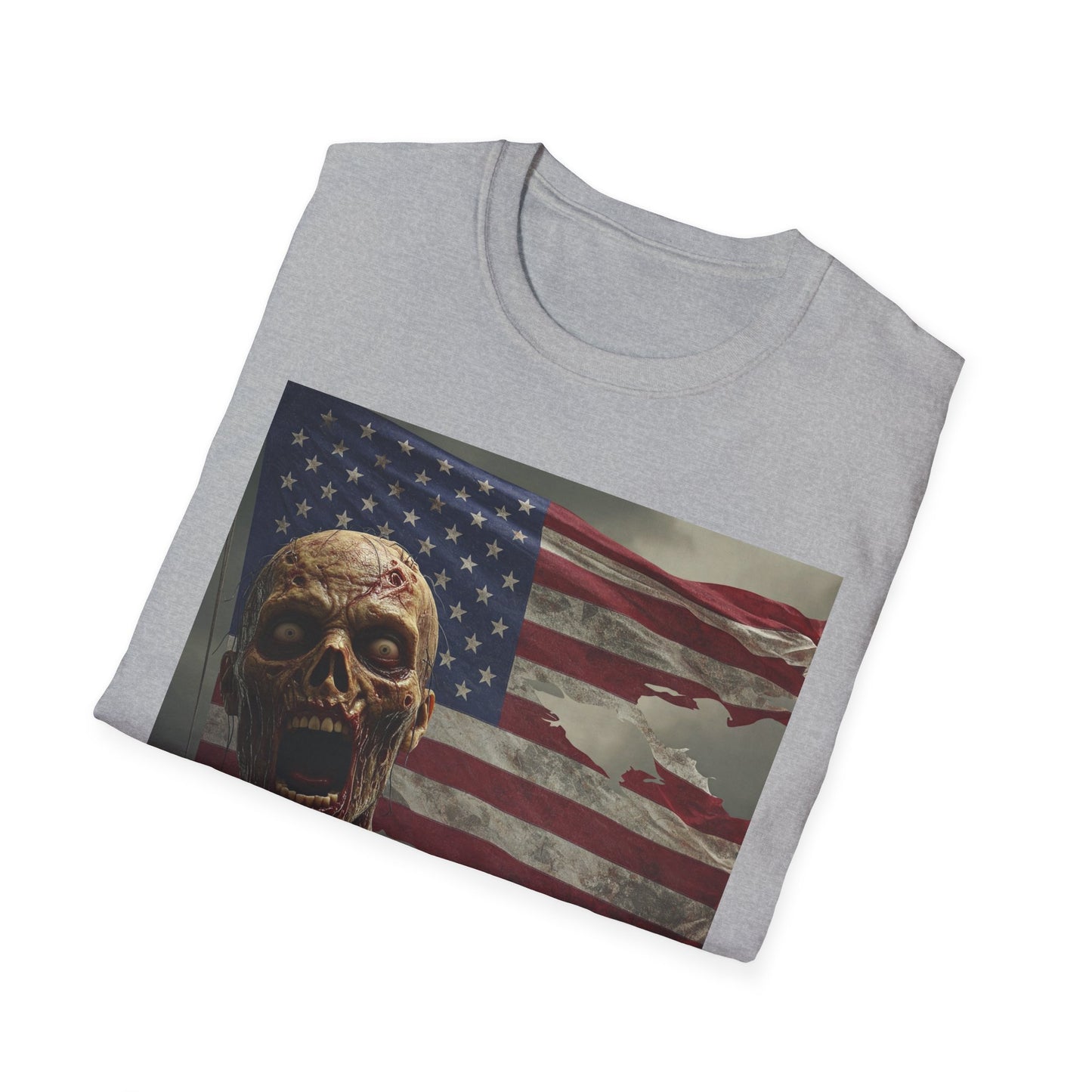 Zombie American Flag Apocalyptic Portrait Tee, bold, decaying zombie graphic