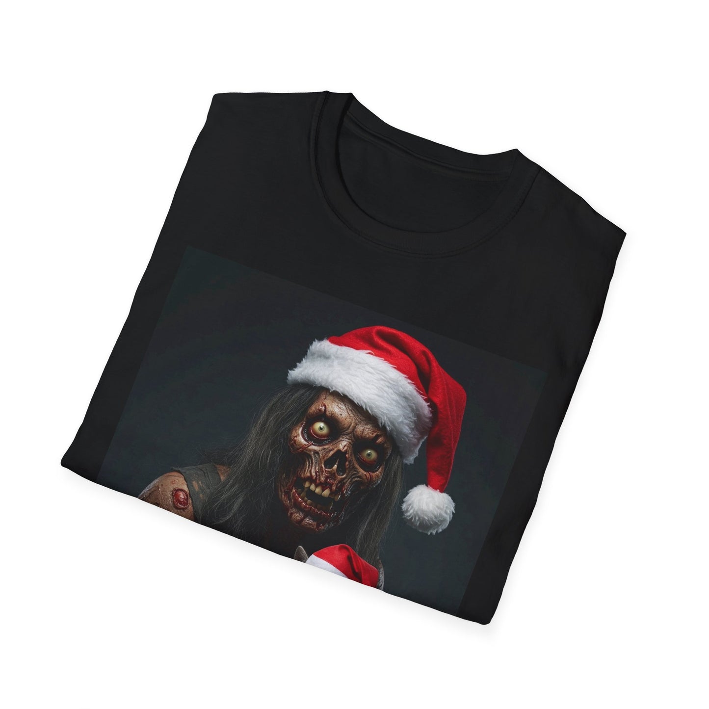 Festive Zombie and Cat Apocalyptic Portrait Tee, bold, decaying zombie graphic