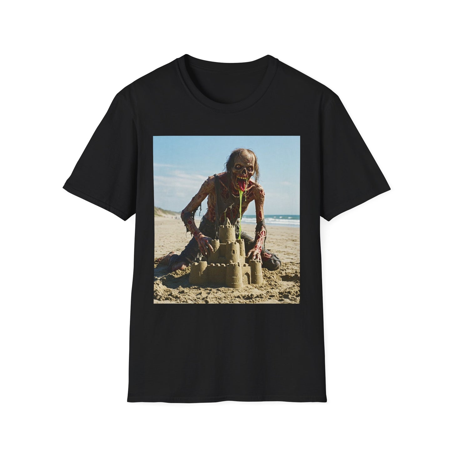 Zombie Sandcastle Unisex Softstyle T-Shirt | Fun Beach Horror Tee