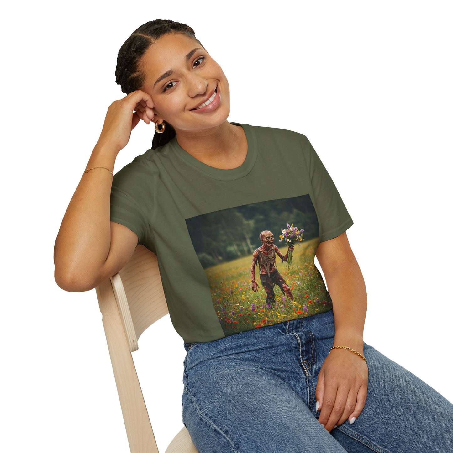 Zombie in Bloom Unisex Softstyle T-Shirt – Perfect for Halloween and Unique Gift Ideas