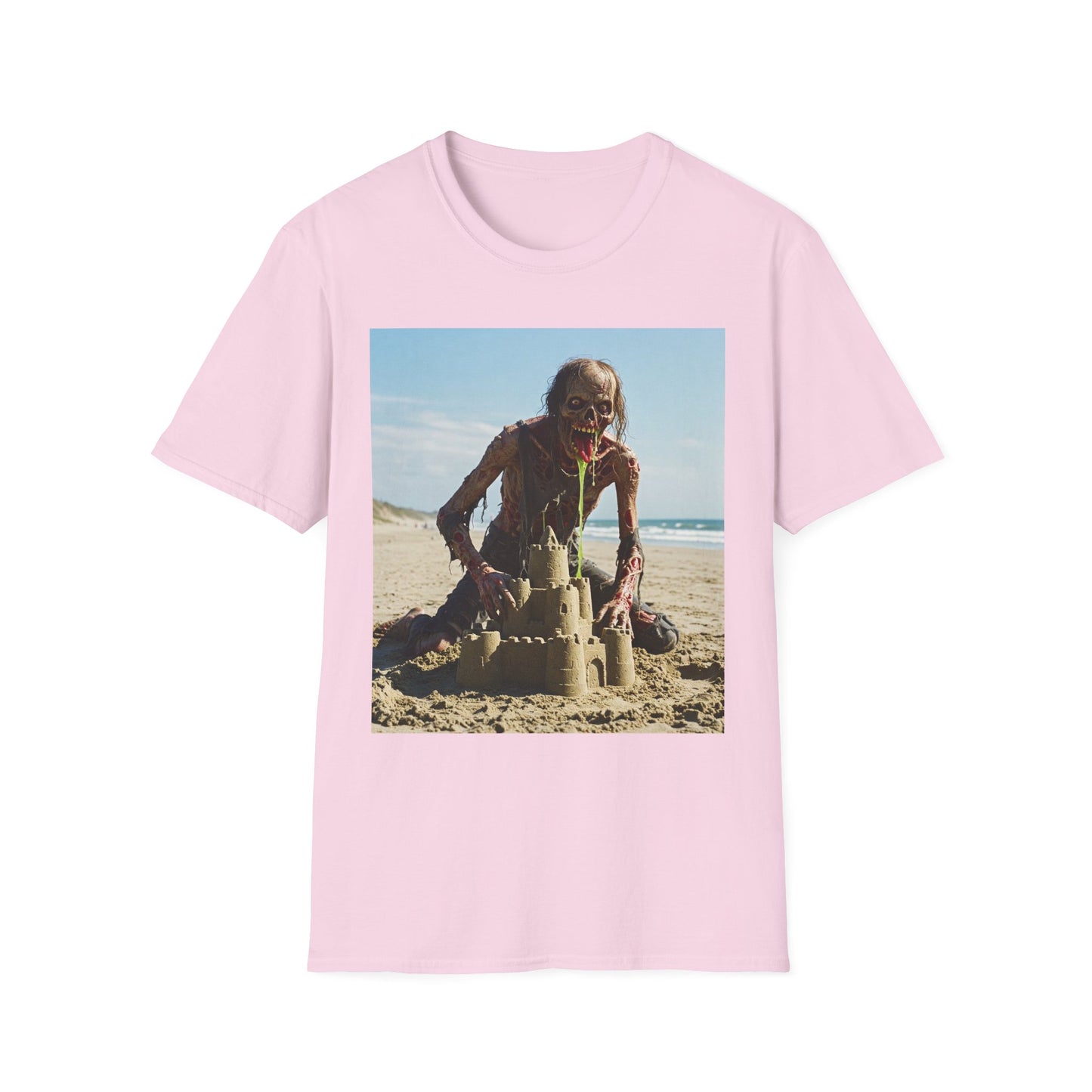 Zombie Sandcastle Unisex Softstyle T-Shirt | Fun Beach Horror Tee