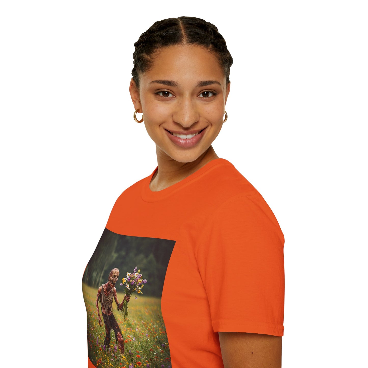 Zombie in Bloom Unisex Softstyle T-Shirt – Perfect for Halloween and Unique Gift Ideas