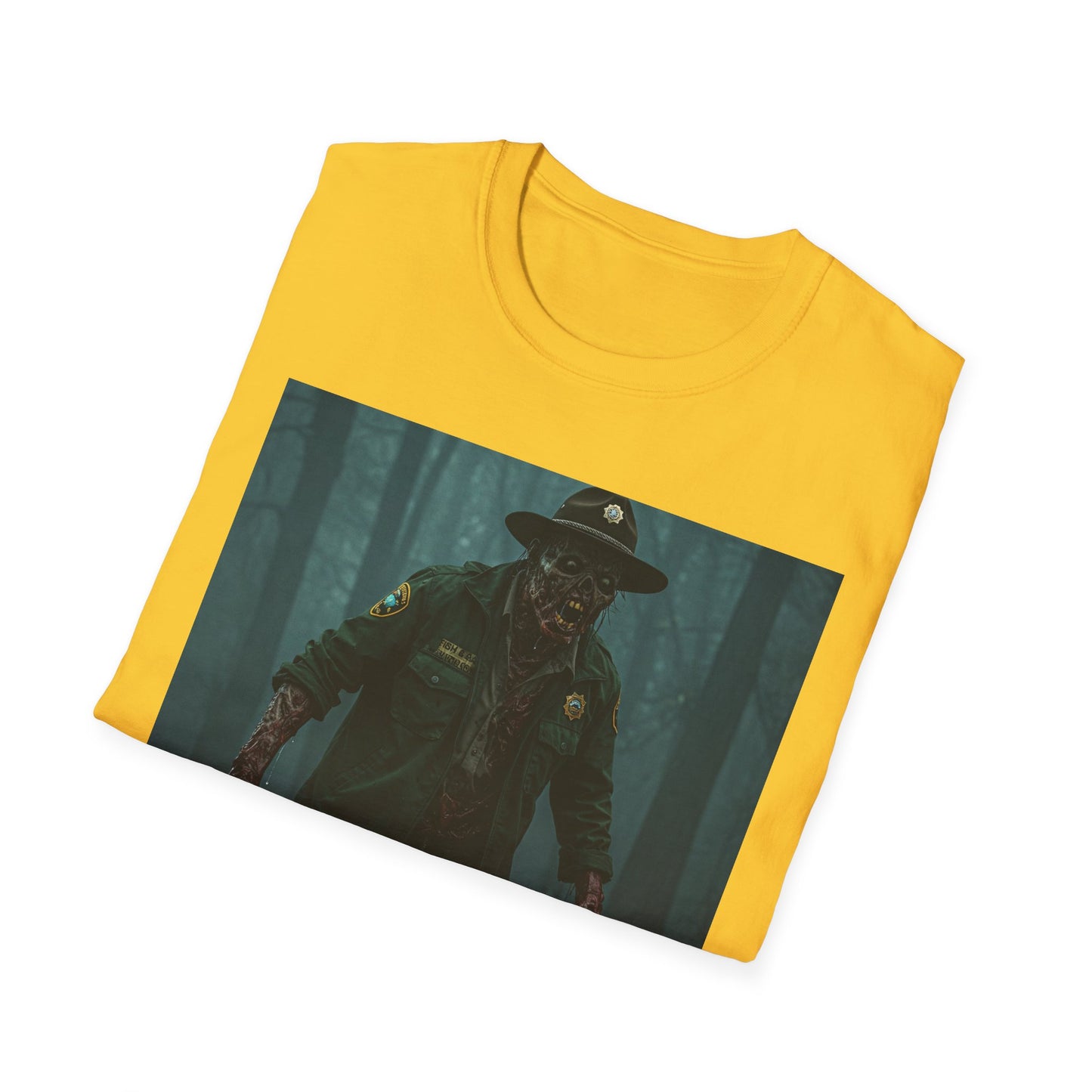 Creepy Forest Ranger Unisex Softstyle T-Shirt - Perfect for Halloween & Horror Fans