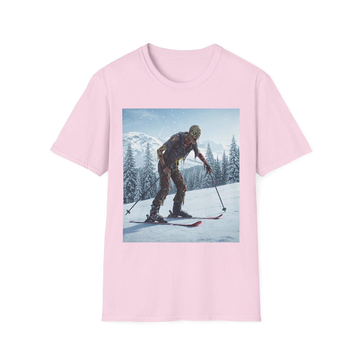 Skiing Zombie Unisex Softstyle T-Shirt - Perfect for Winter Fun & Halloween Enthusiasts