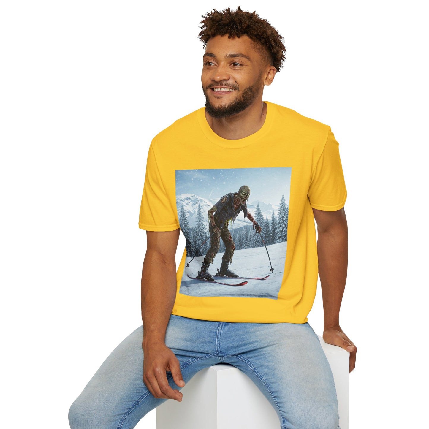 Skiing Zombie Unisex Softstyle T-Shirt - Perfect for Winter Fun & Halloween Enthusiasts