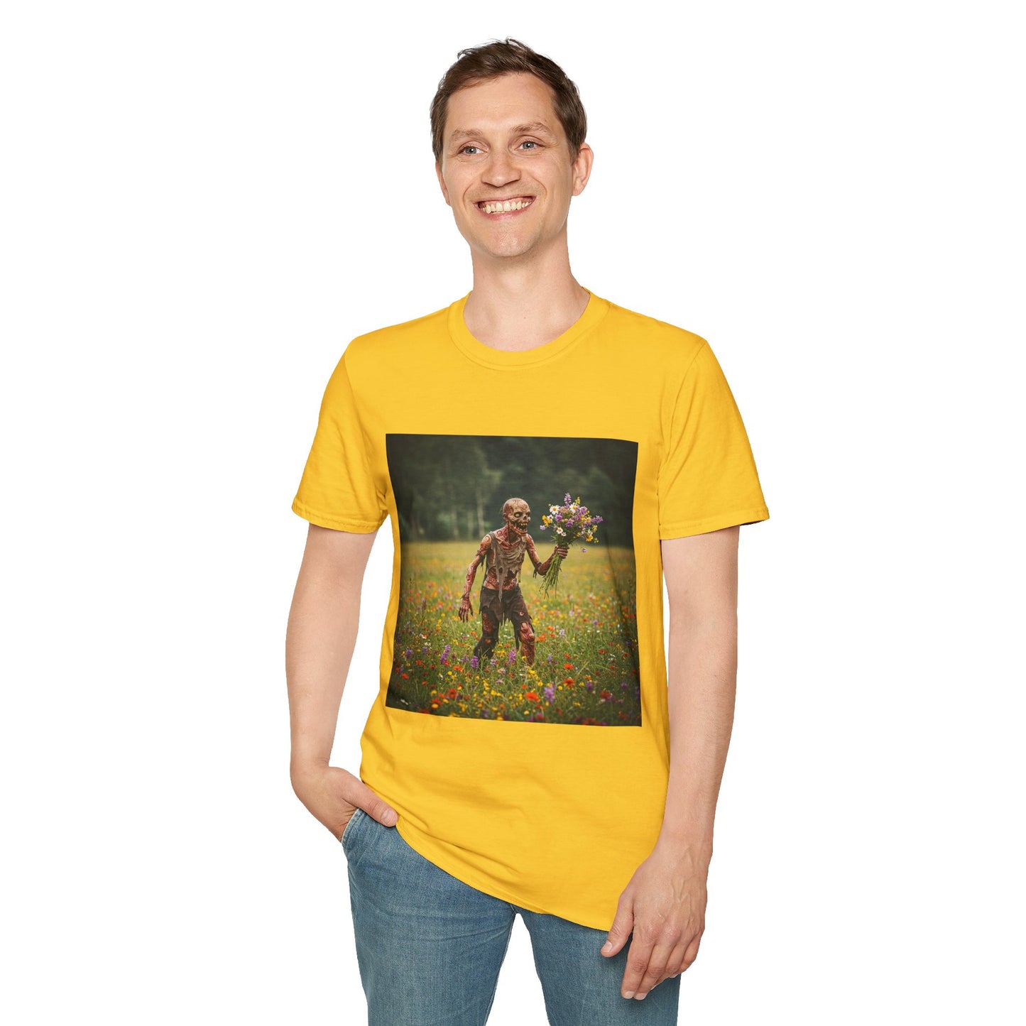 Zombie in Bloom Unisex Softstyle T-Shirt – Perfect for Halloween and Unique Gift Ideas