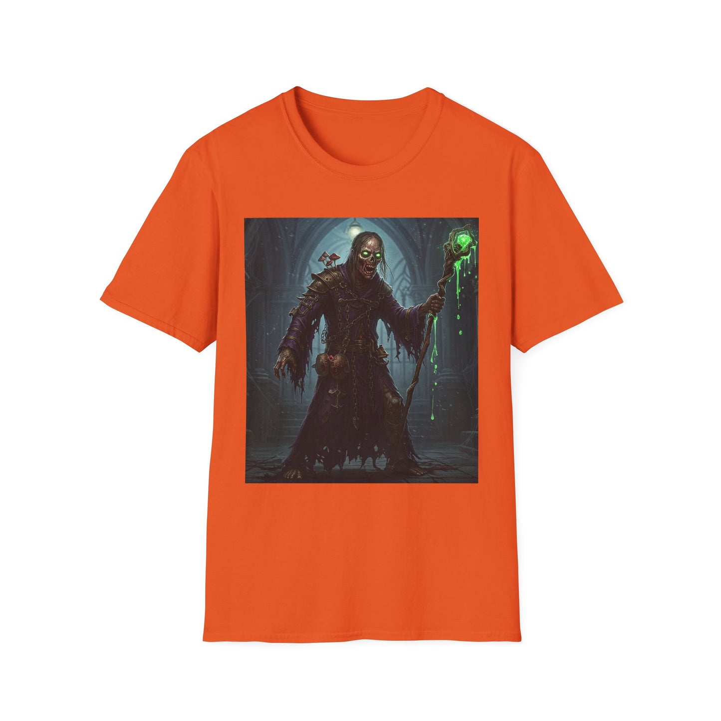 Spooky Sorcerer Apocalyptic Portrait Tee, bold, decaying zombie graphic