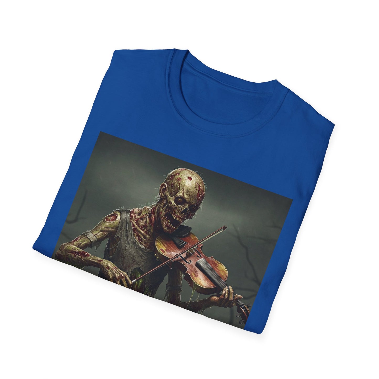 Spooky Zombie Violinist Apocalyptic Portrait Tee, bold, decaying zombie graphic