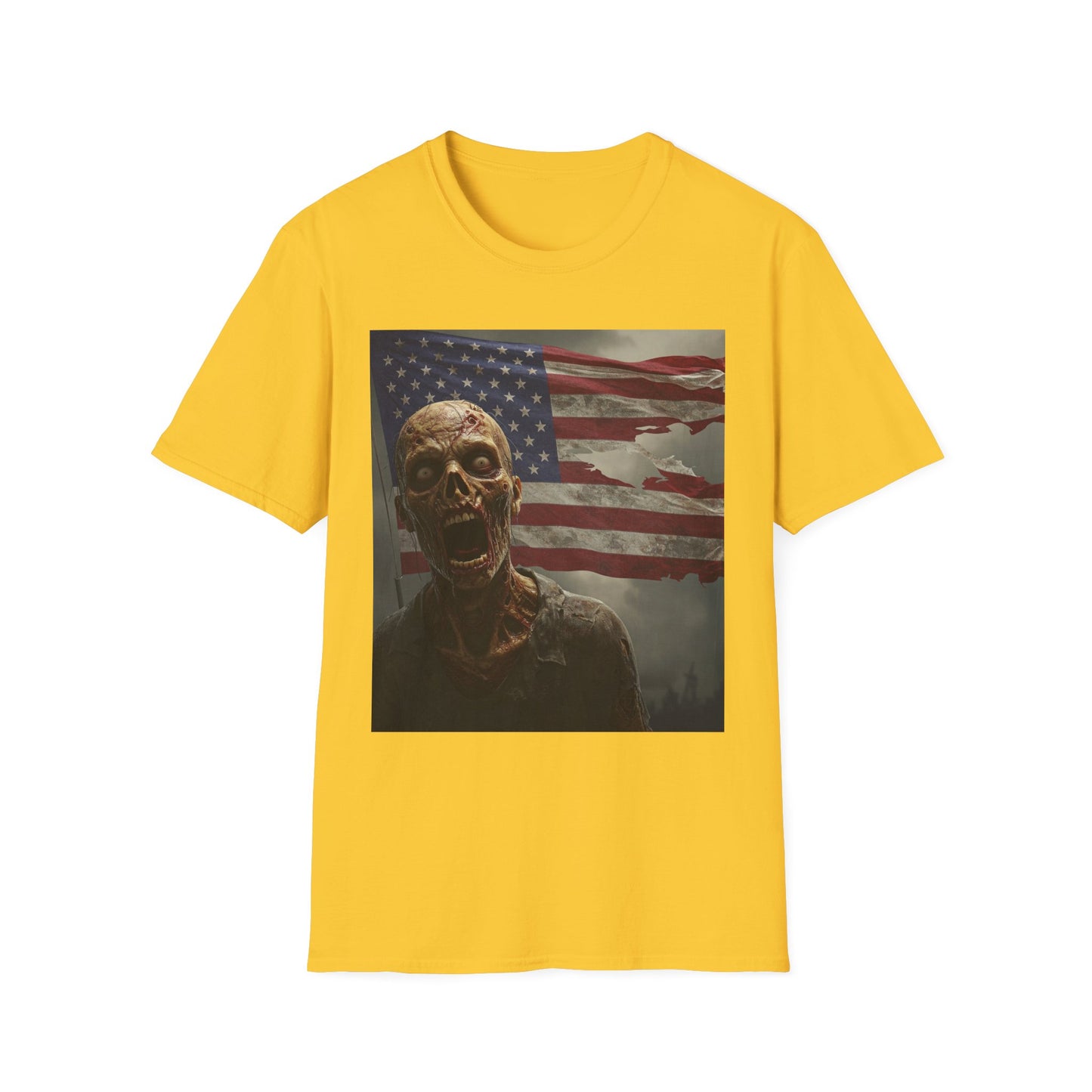 Zombie American Flag Apocalyptic Portrait Tee, bold, decaying zombie graphic