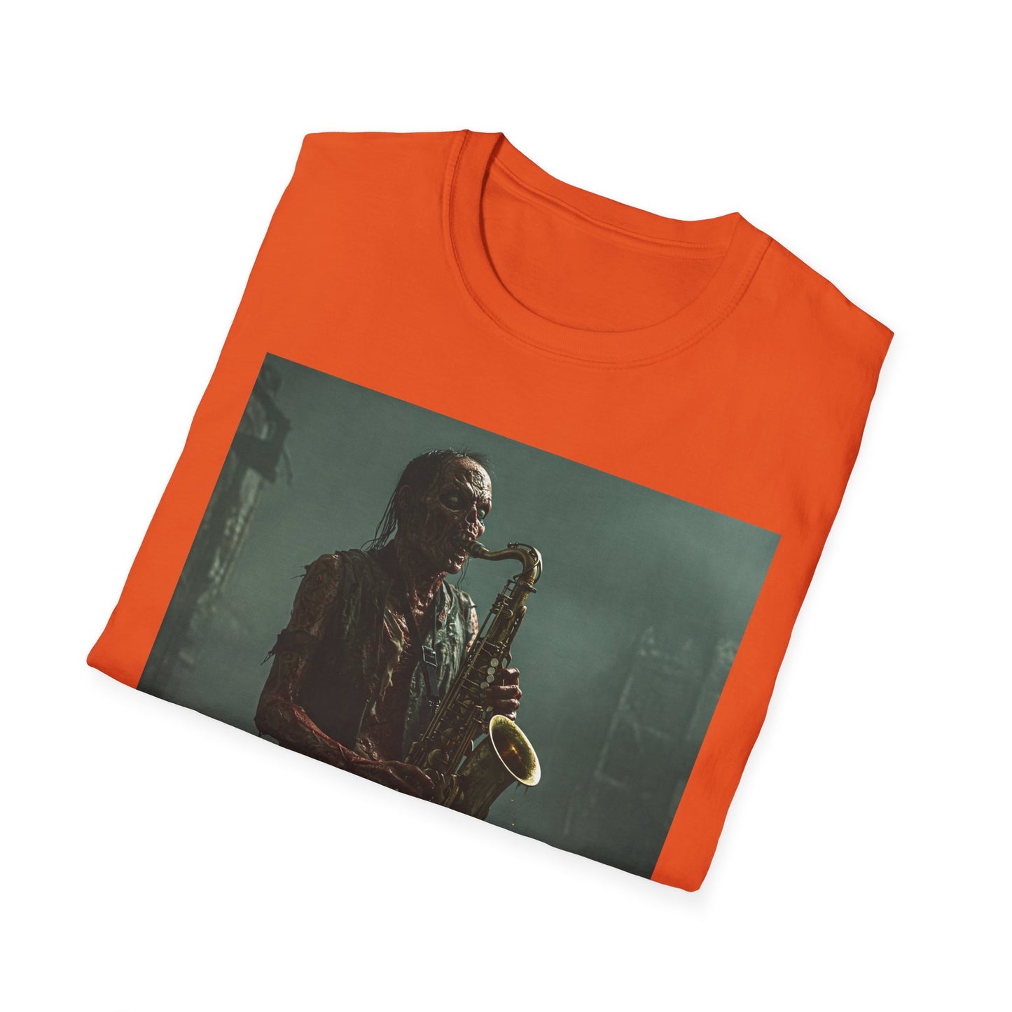 Zombie Jazz Musician Apocalyptic Portrait Tee, bold, decaying zombie graphic