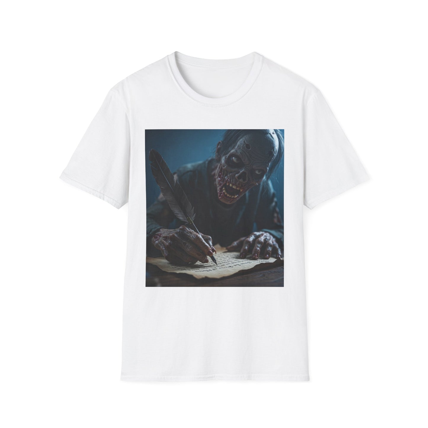 Creepy Zombie Writer Apocalyptic Portrait Tee, bold, decaying zombie graphic