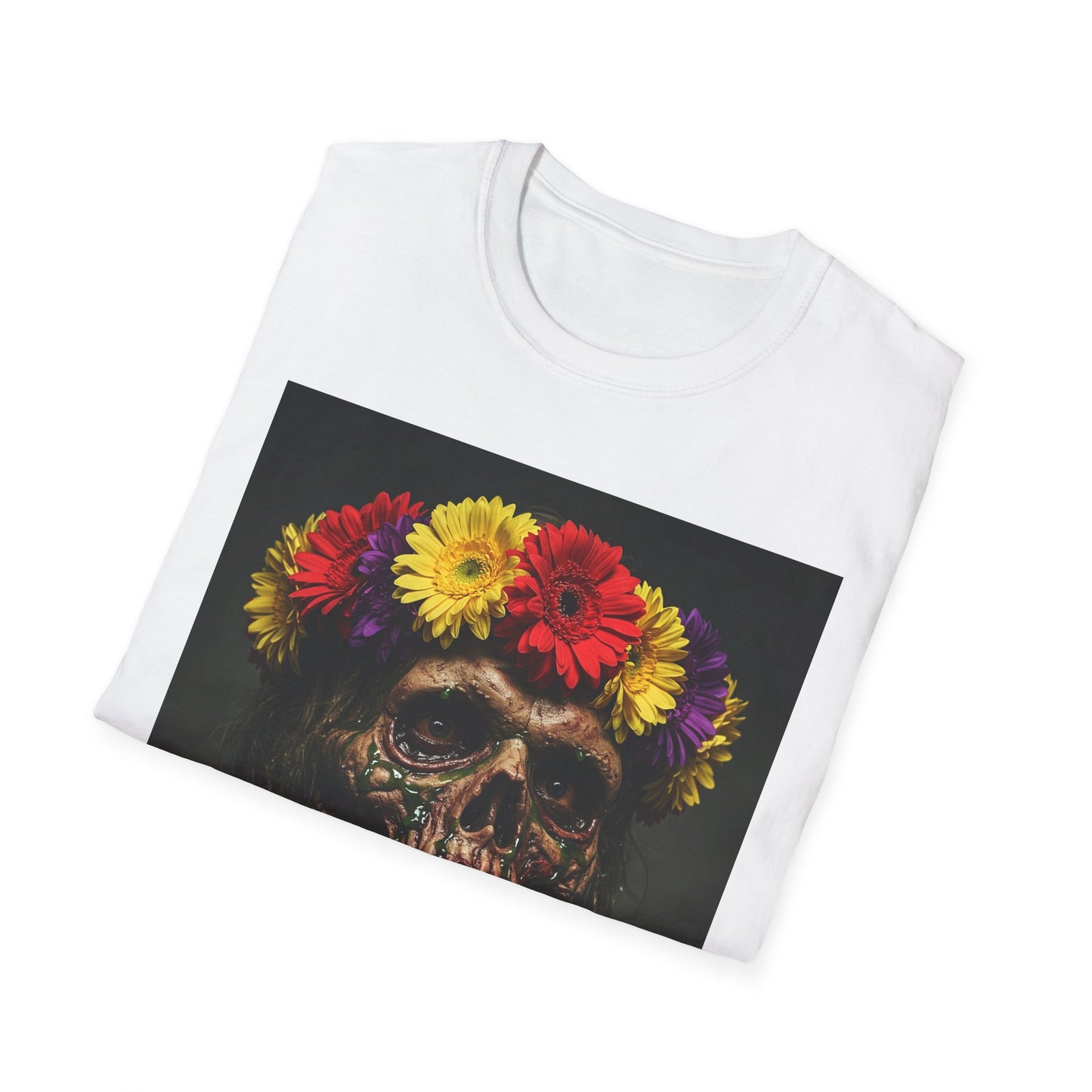 Day of the Dead Floral Skull Apocalyptic Portrait Tee, bold, decaying zombie graphic