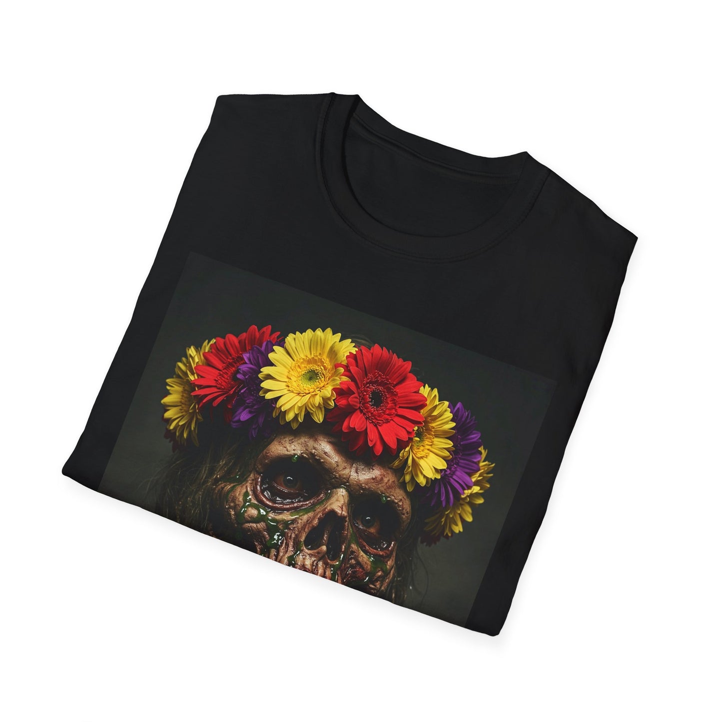 Day of the Dead Floral Skull Apocalyptic Portrait Tee, bold, decaying zombie graphic