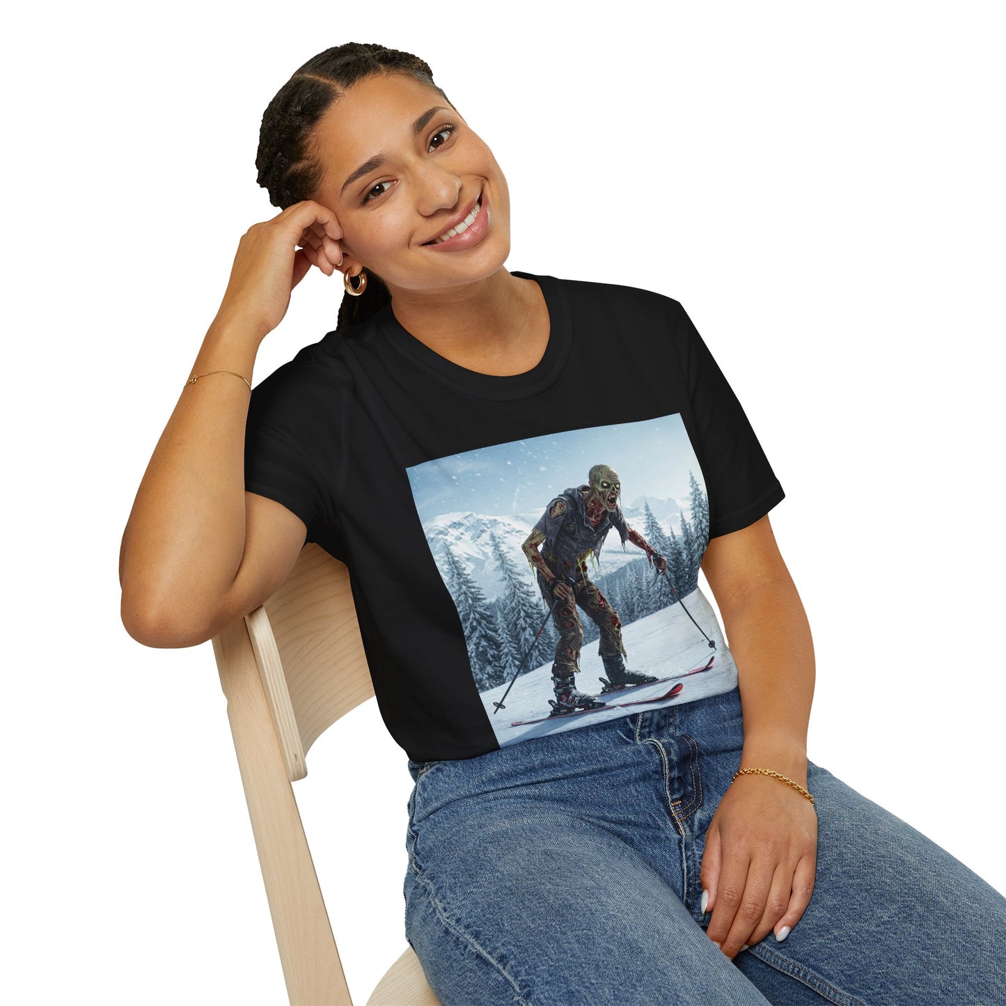 Skiing Zombie Unisex Softstyle T-Shirt - Perfect for Winter Fun & Halloween Enthusiasts