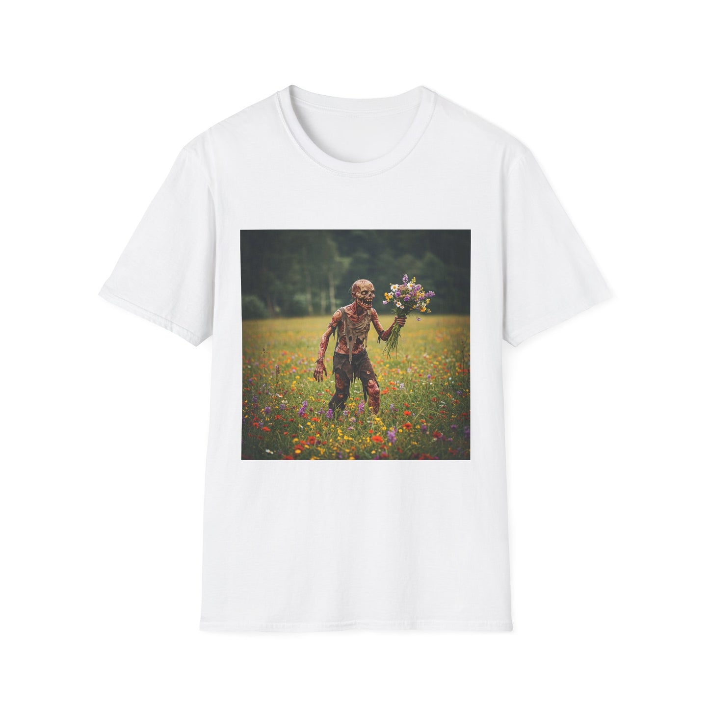 Zombie in Bloom Unisex Softstyle T-Shirt – Perfect for Halloween and Unique Gift Ideas