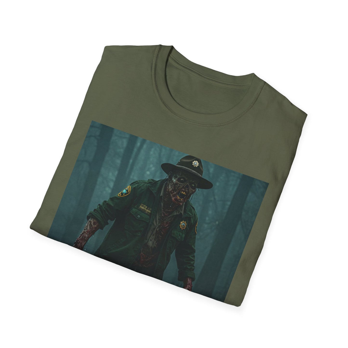 Creepy Forest Ranger Unisex Softstyle T-Shirt - Perfect for Halloween & Horror Fans