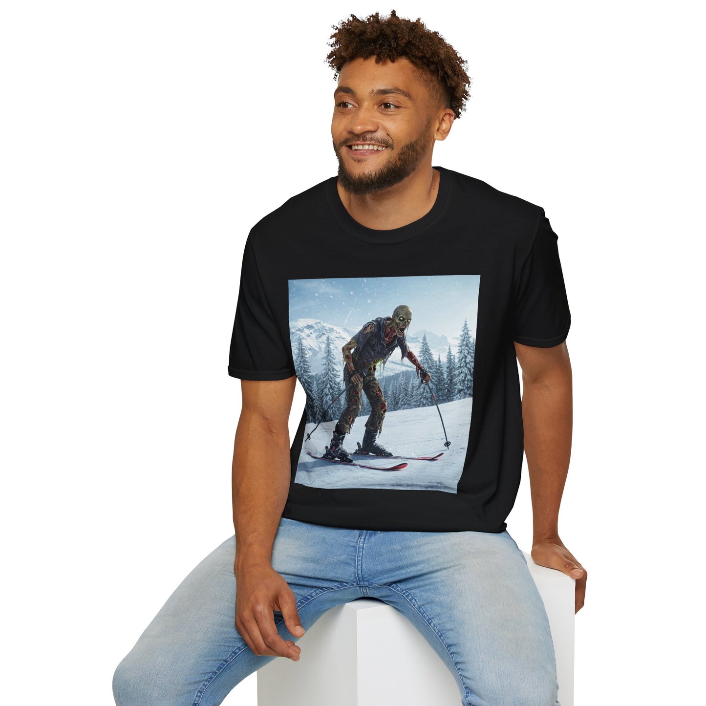 Skiing Zombie Unisex Softstyle T-Shirt - Perfect for Winter Fun & Halloween Enthusiasts