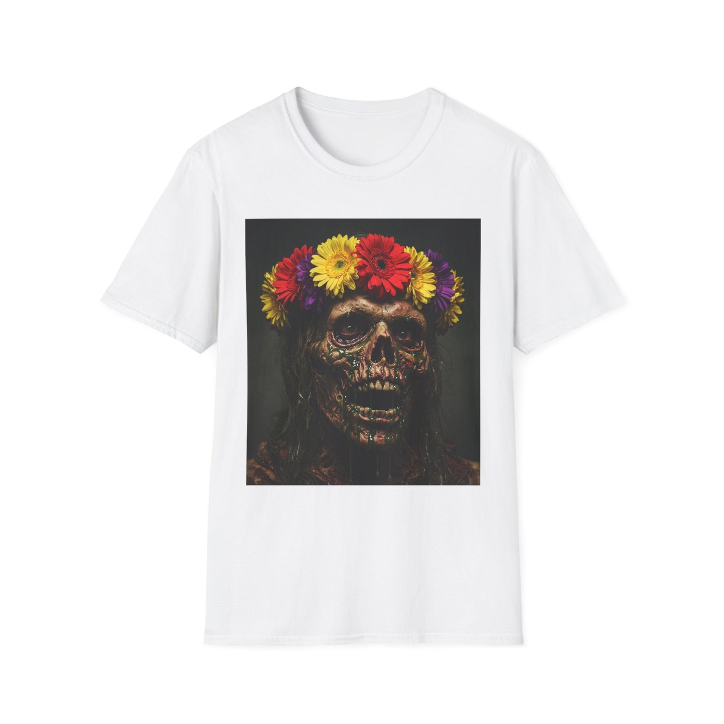 Day of the Dead Floral Skull Apocalyptic Portrait Tee, bold, decaying zombie graphic