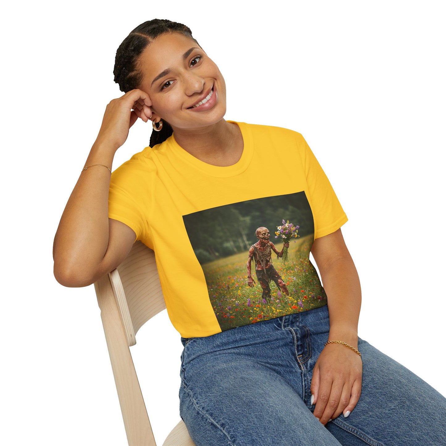 Zombie in Bloom Unisex Softstyle T-Shirt – Perfect for Halloween and Unique Gift Ideas