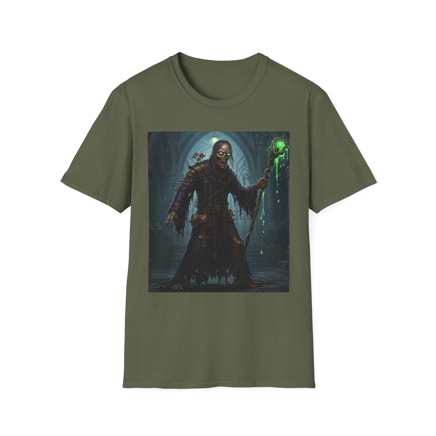 Spooky Sorcerer Apocalyptic Portrait Tee, bold, decaying zombie graphic