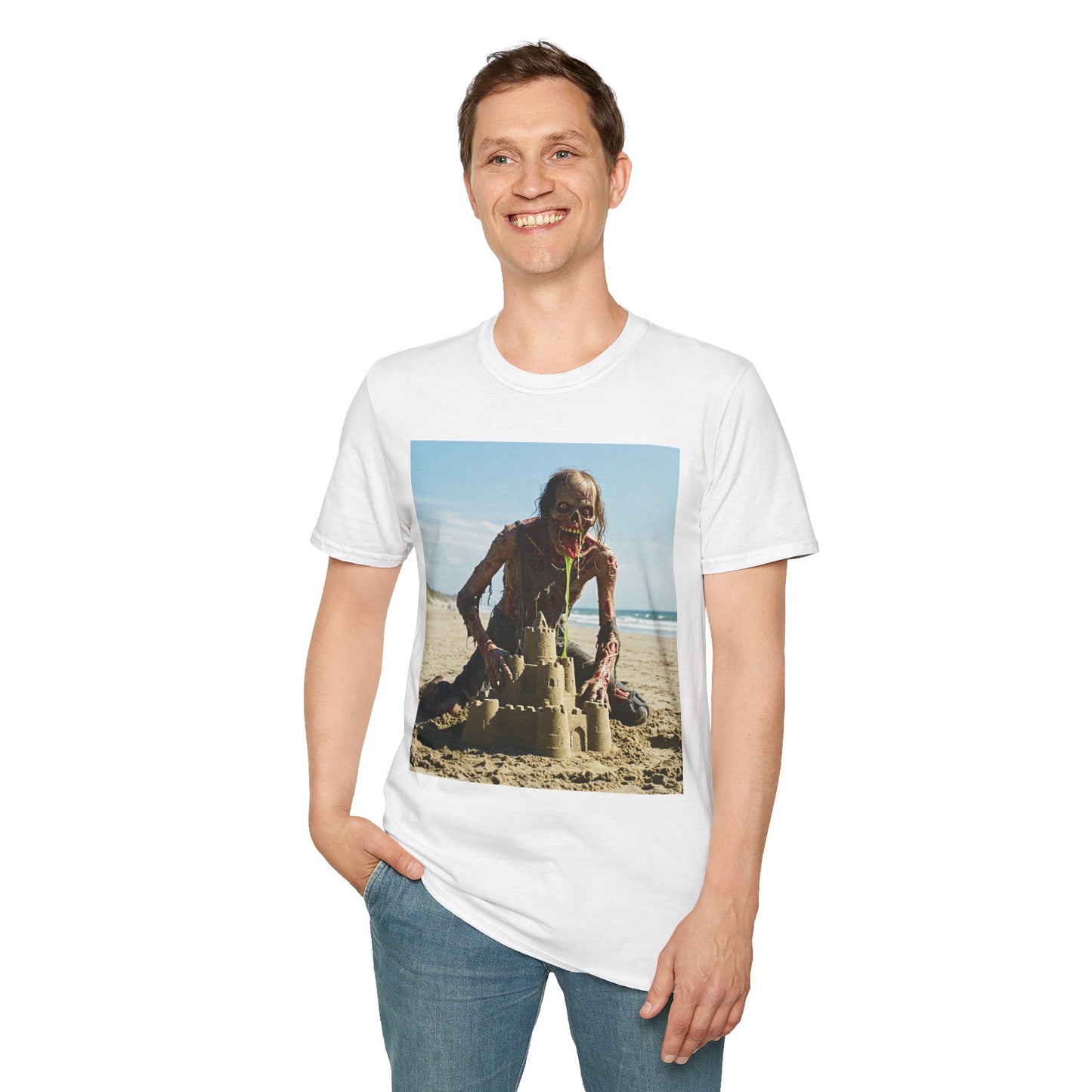 Zombie Sandcastle Unisex Softstyle T-Shirt | Fun Beach Horror Tee