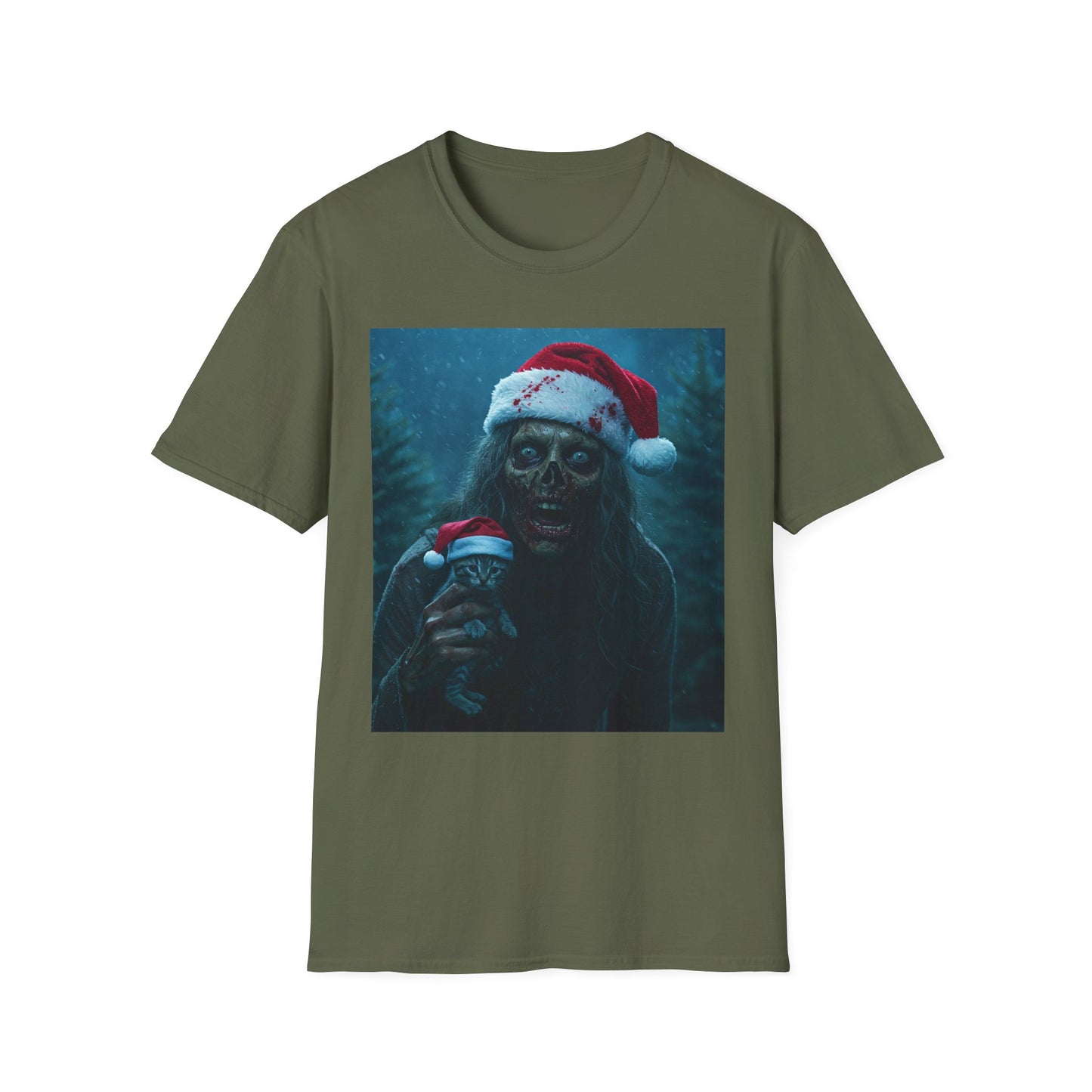 Spooky Christmas Apocalyptic Portrait Tee, bold, decaying zombie graphic cat