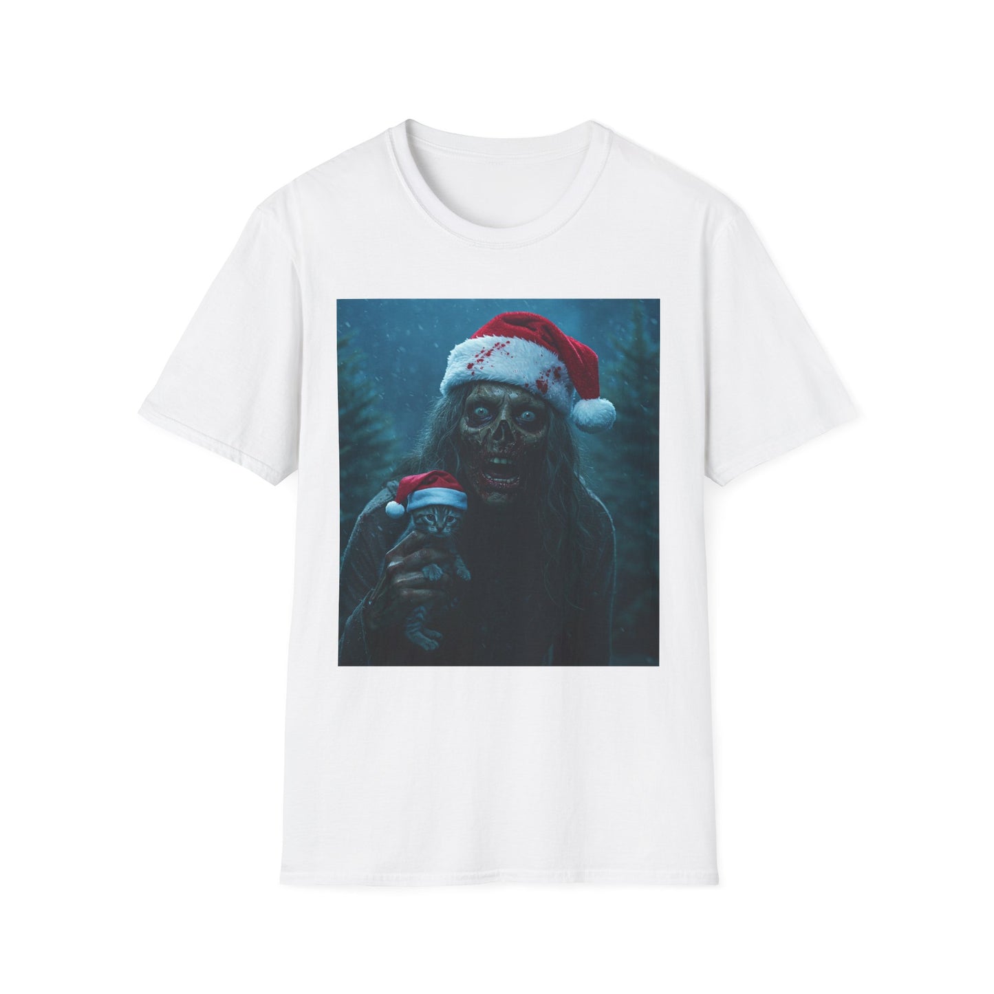 Spooky Christmas Apocalyptic Portrait Tee, bold, decaying zombie graphic cat