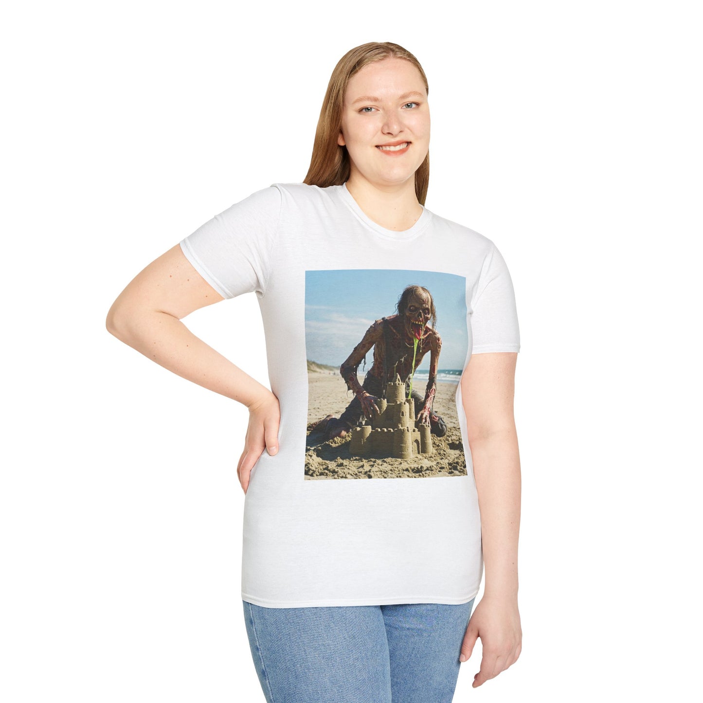 Zombie Sandcastle Unisex Softstyle T-Shirt | Fun Beach Horror Tee