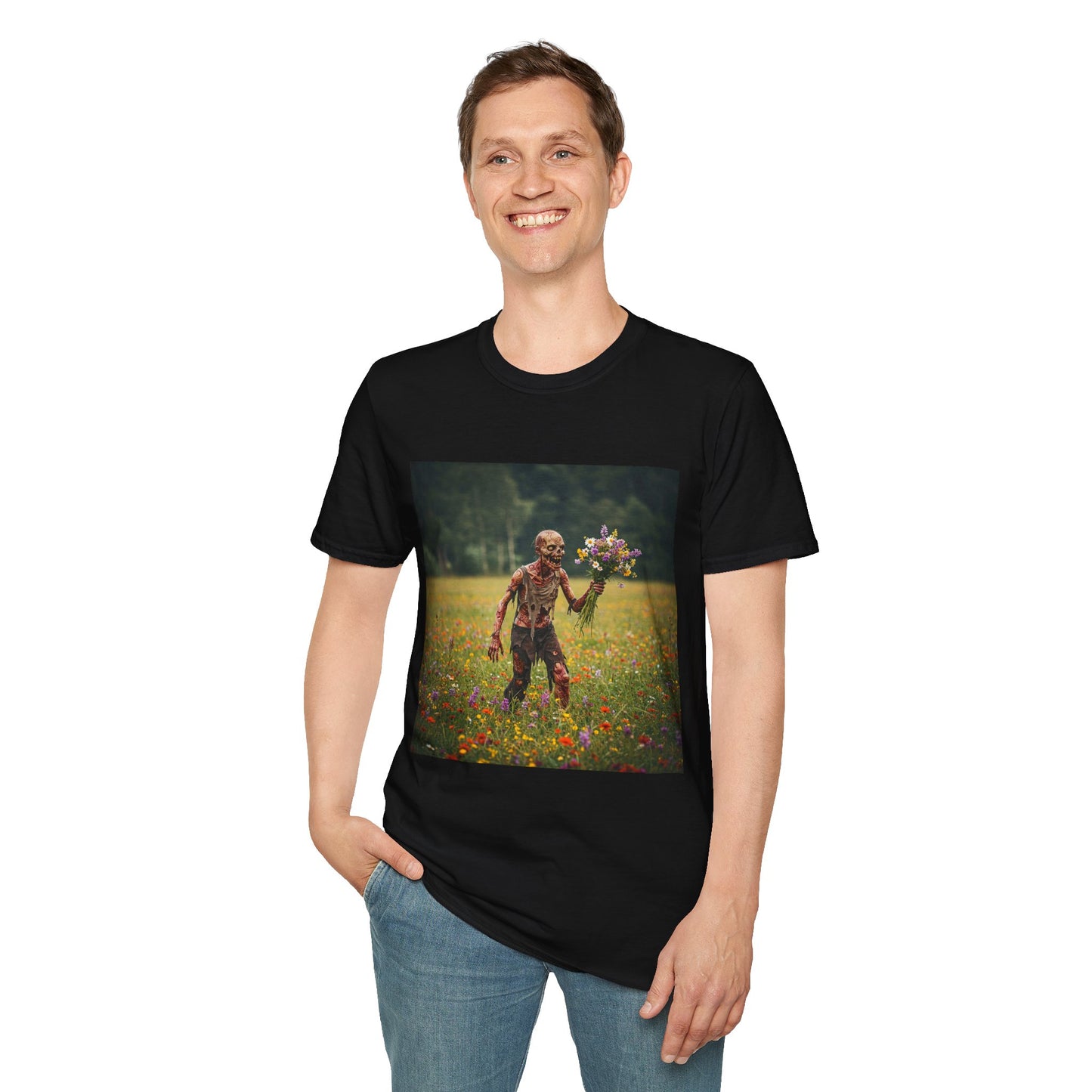 Zombie in Bloom Unisex Softstyle T-Shirt – Perfect for Halloween and Unique Gift Ideas