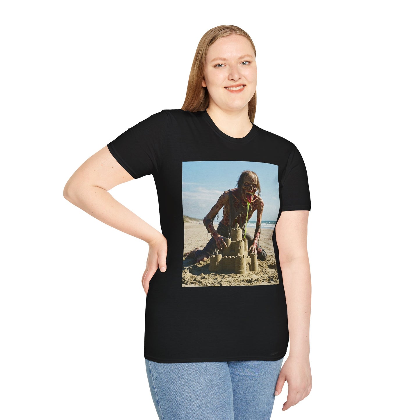 Zombie Sandcastle Unisex Softstyle T-Shirt | Fun Beach Horror Tee