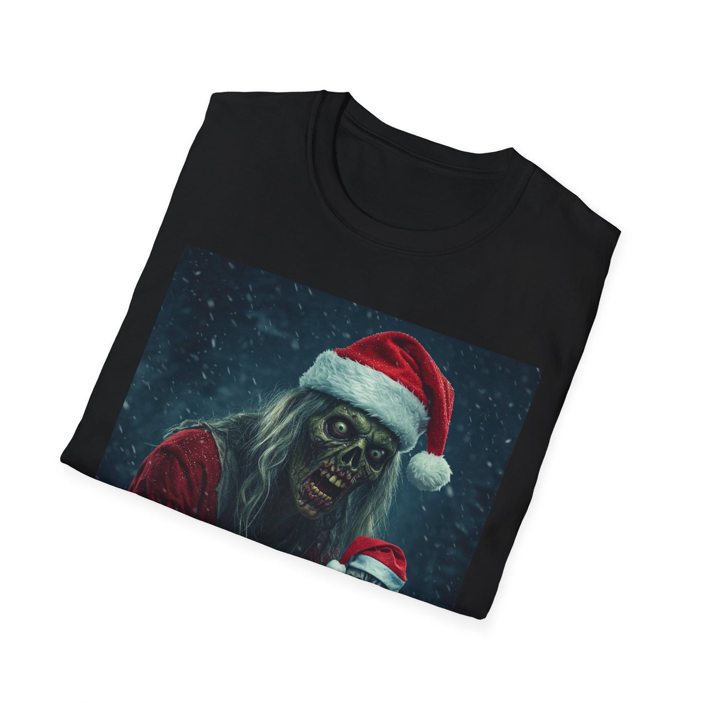 Festive Zombie Santa Apocalyptic Portrait Tee, bold, decaying zombie graphic