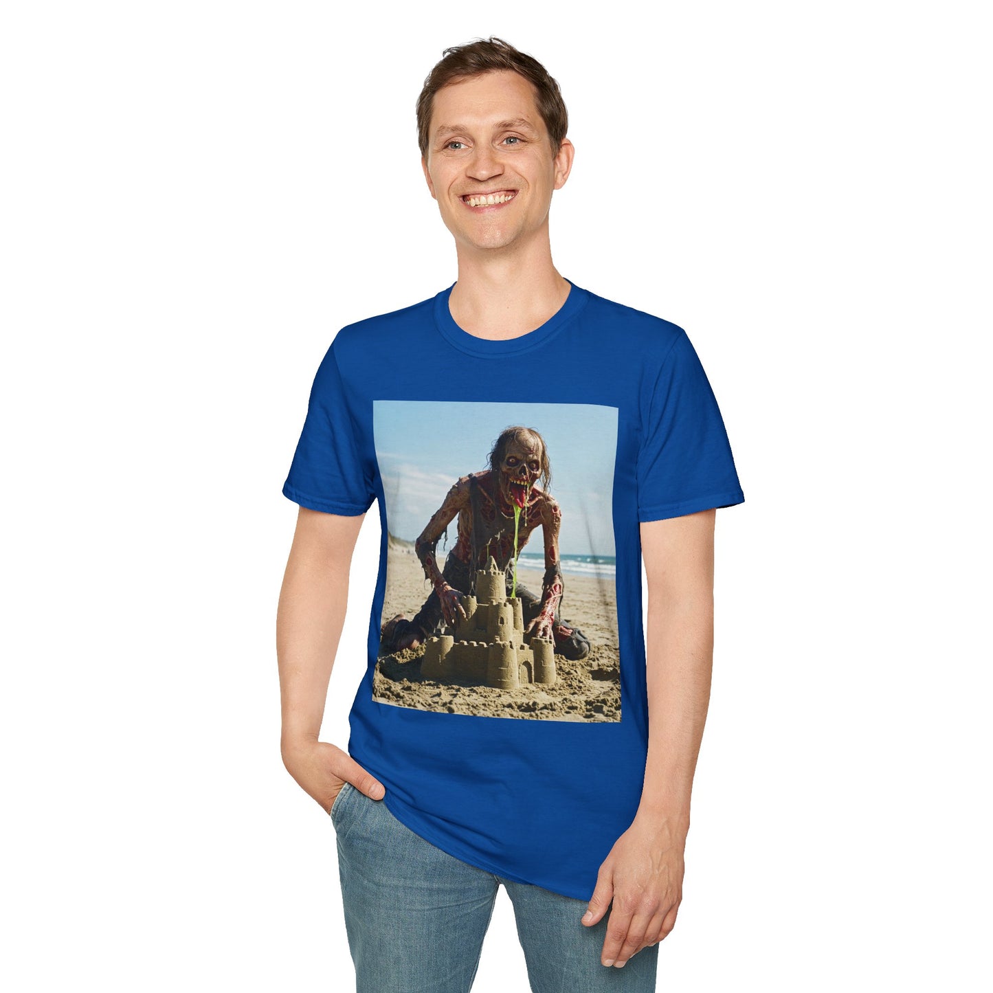 Zombie Sandcastle Unisex Softstyle T-Shirt | Fun Beach Horror Tee