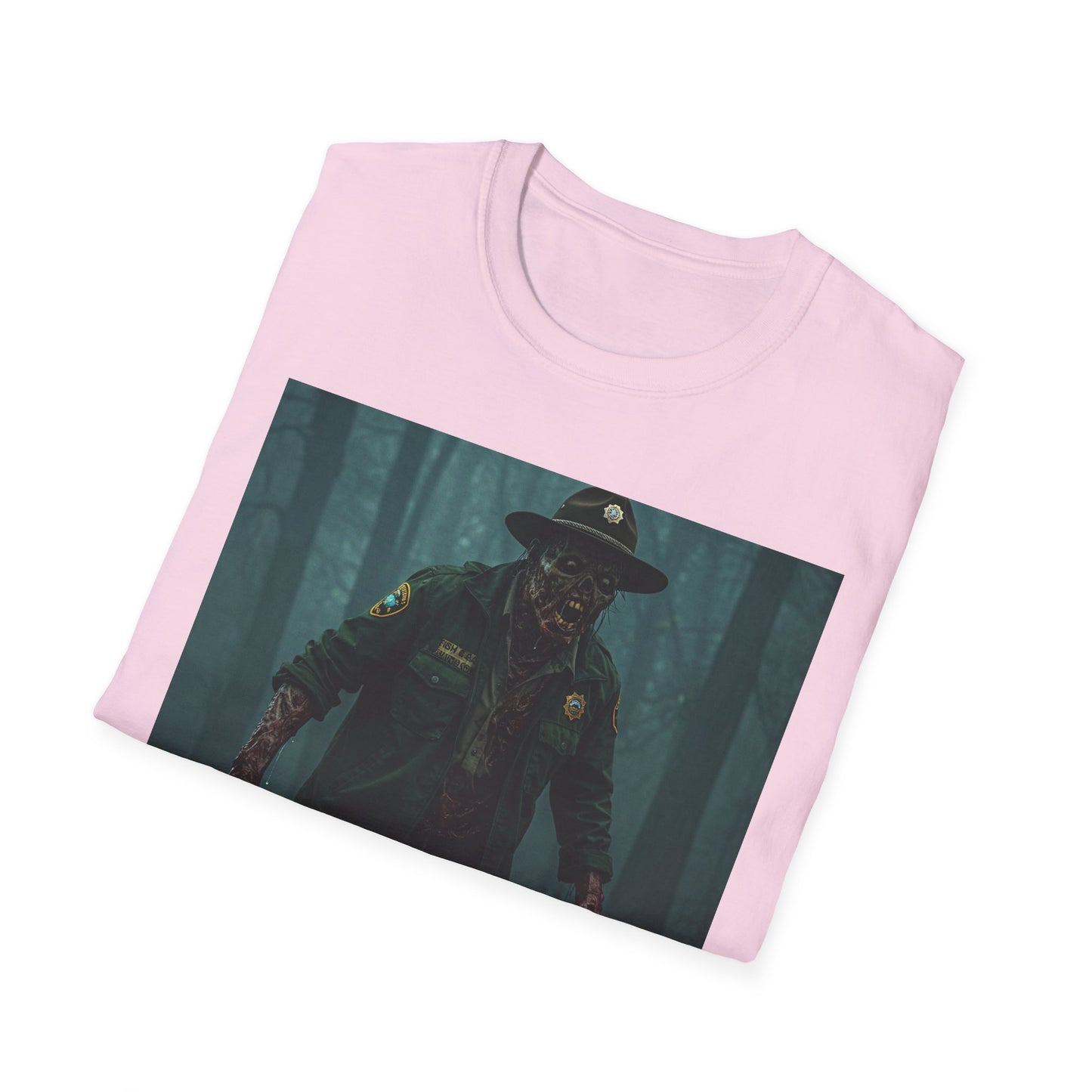 Creepy Forest Ranger Unisex Softstyle T-Shirt - Perfect for Halloween & Horror Fans