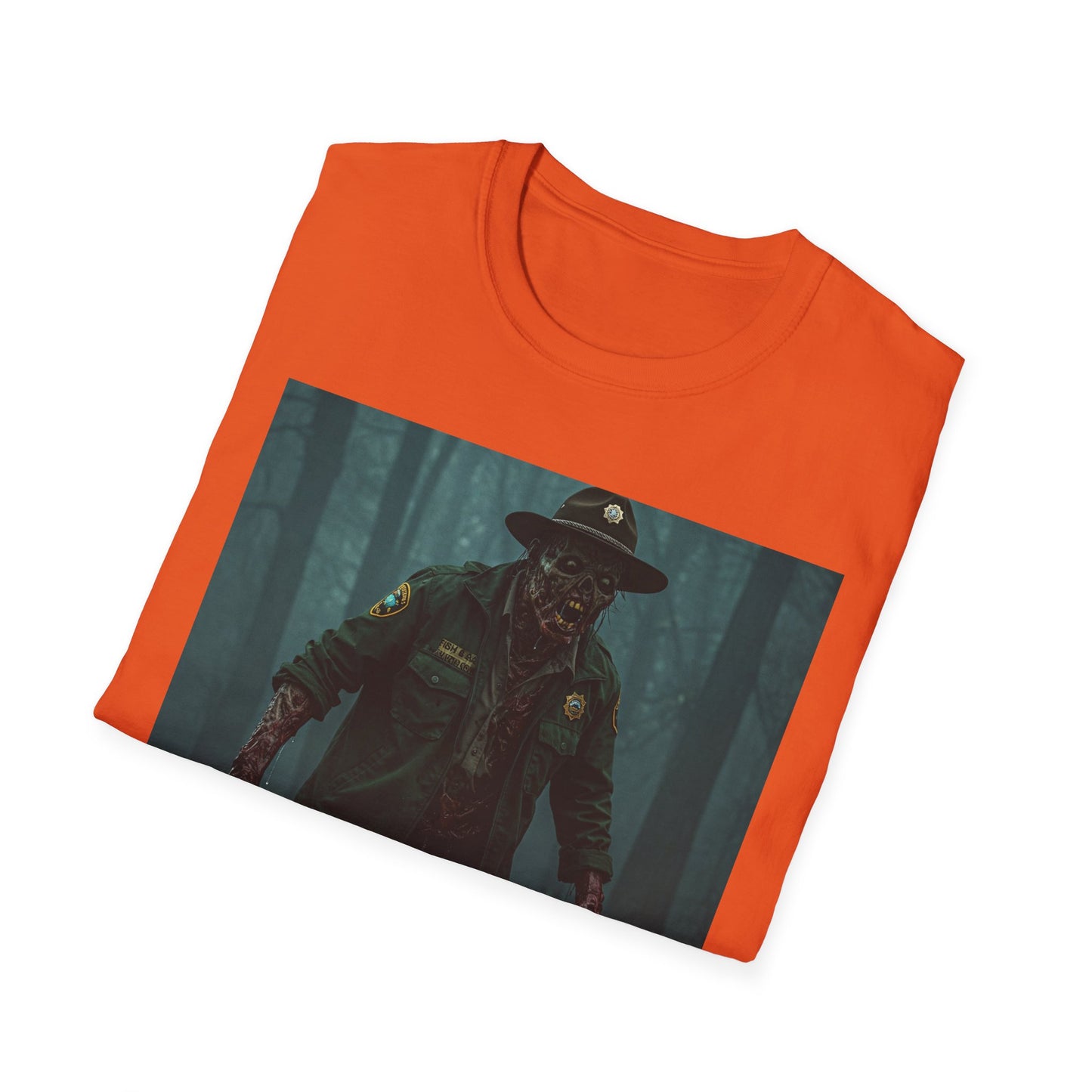 Creepy Forest Ranger Unisex Softstyle T-Shirt - Perfect for Halloween & Horror Fans