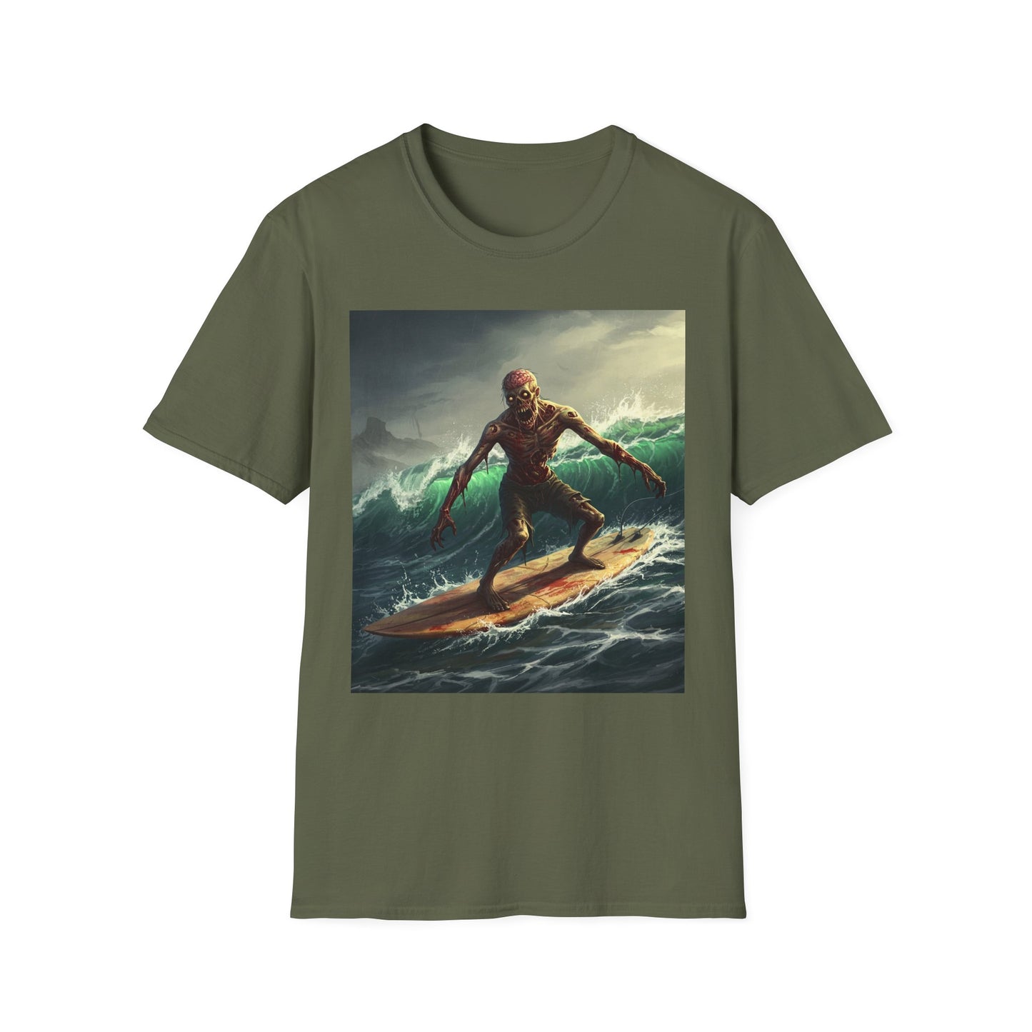 Zombie Surfer Apocalyptic Portrait Tee, bold, decaying zombie graphic