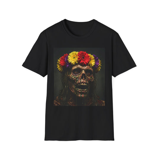 Day of the Dead Floral Skull Apocalyptic Portrait Tee, bold, decaying zombie graphic