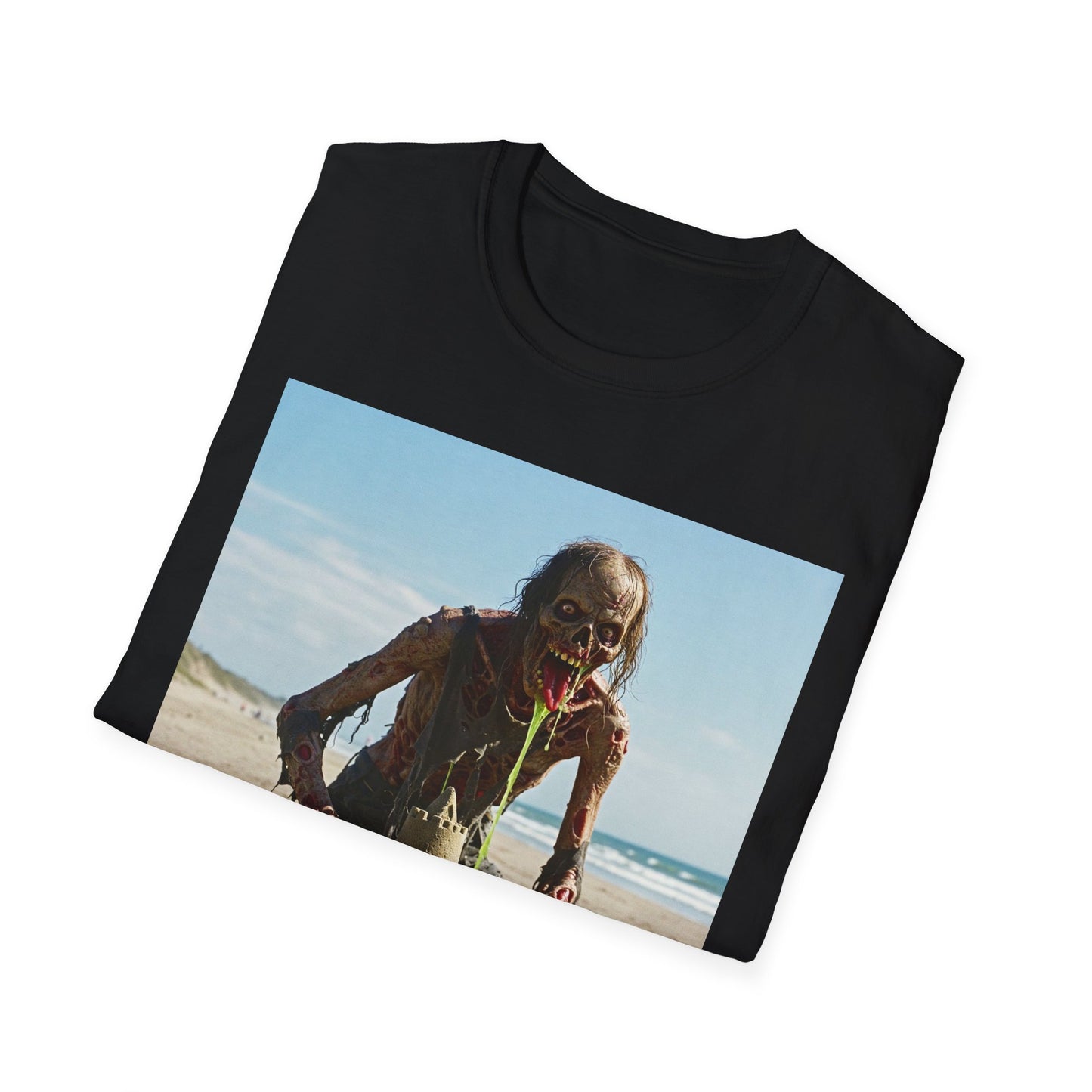 Zombie Sandcastle Unisex Softstyle T-Shirt | Fun Beach Horror Tee