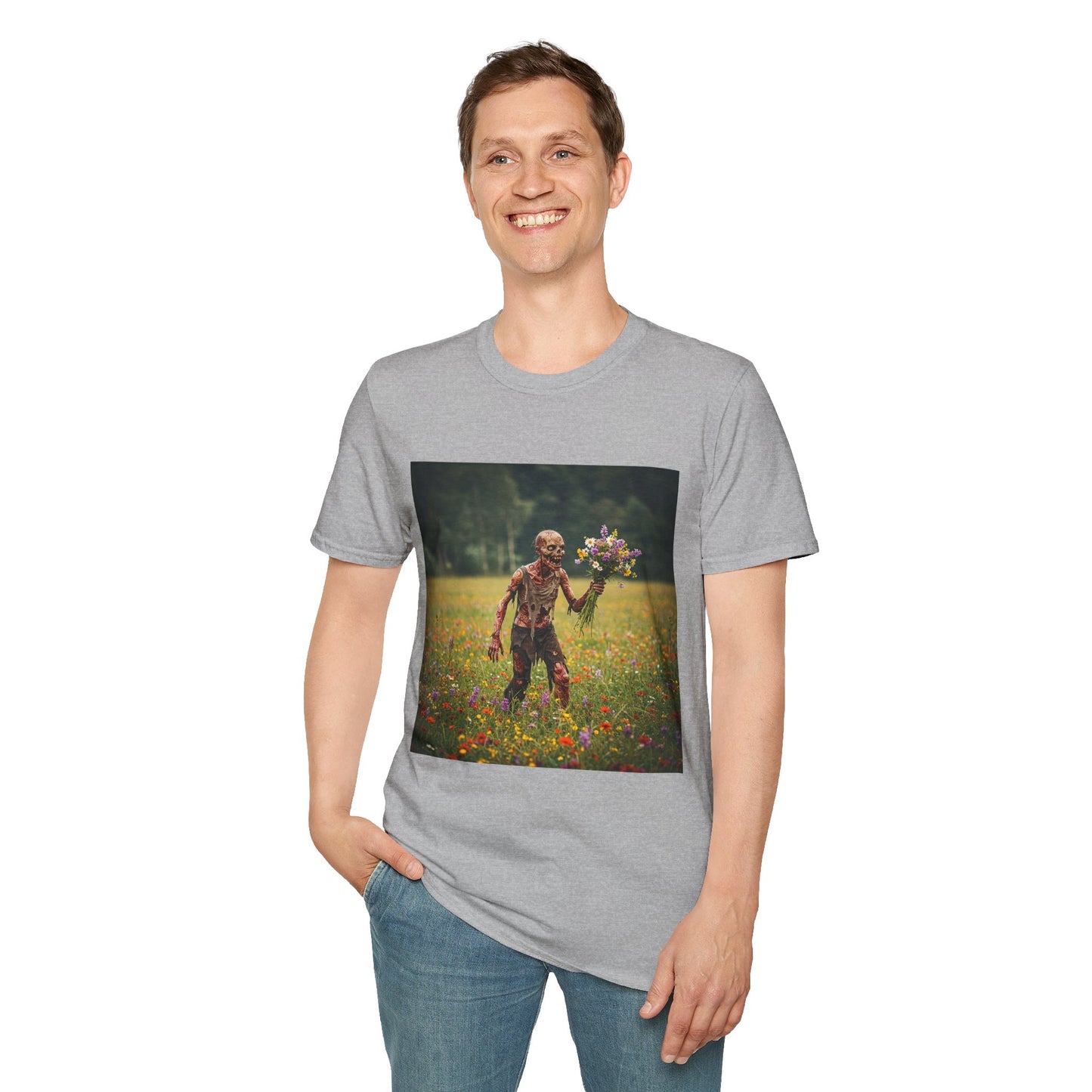 Zombie in Bloom Unisex Softstyle T-Shirt – Perfect for Halloween and Unique Gift Ideas