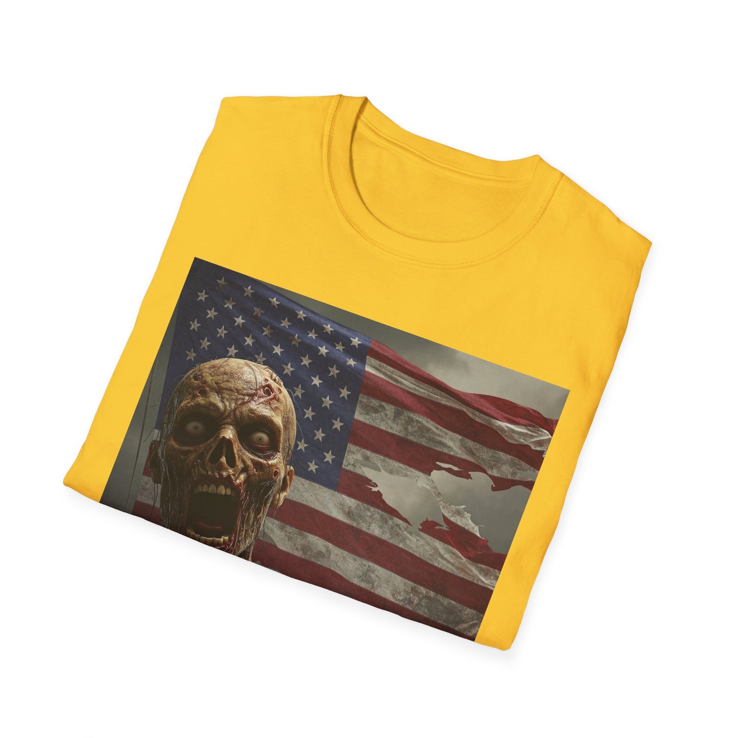 Zombie American Flag Apocalyptic Portrait Tee, bold, decaying zombie graphic