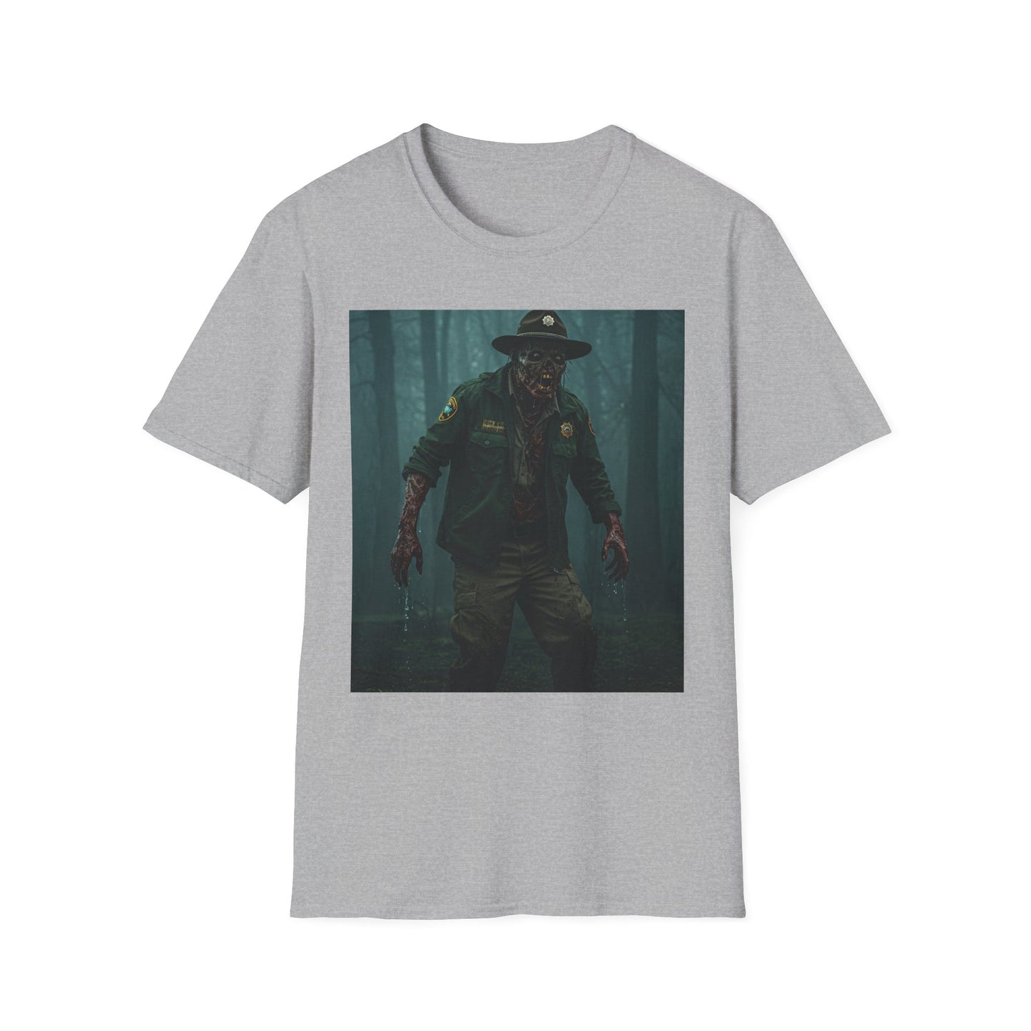 Creepy Forest Ranger Unisex Softstyle T-Shirt - Perfect for Halloween & Horror Fans