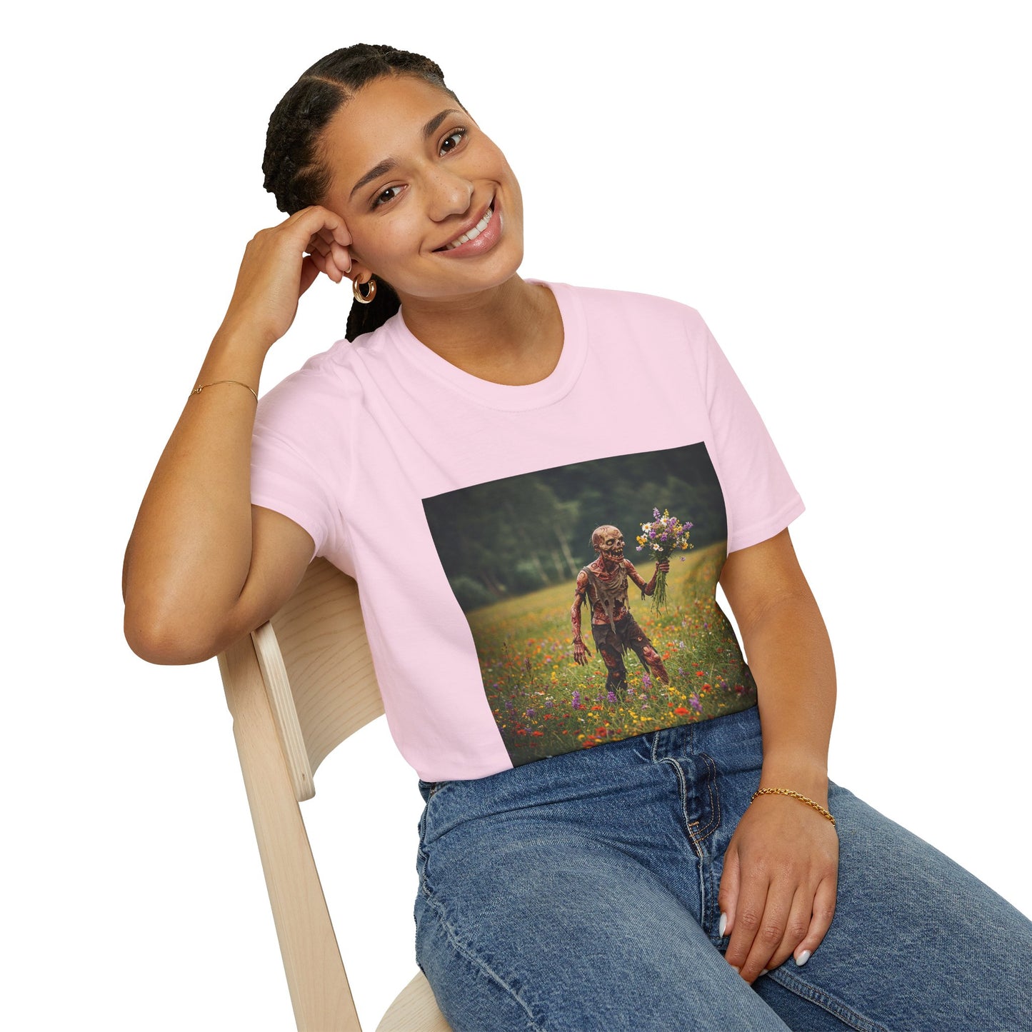 Zombie in Bloom Unisex Softstyle T-Shirt – Perfect for Halloween and Unique Gift Ideas