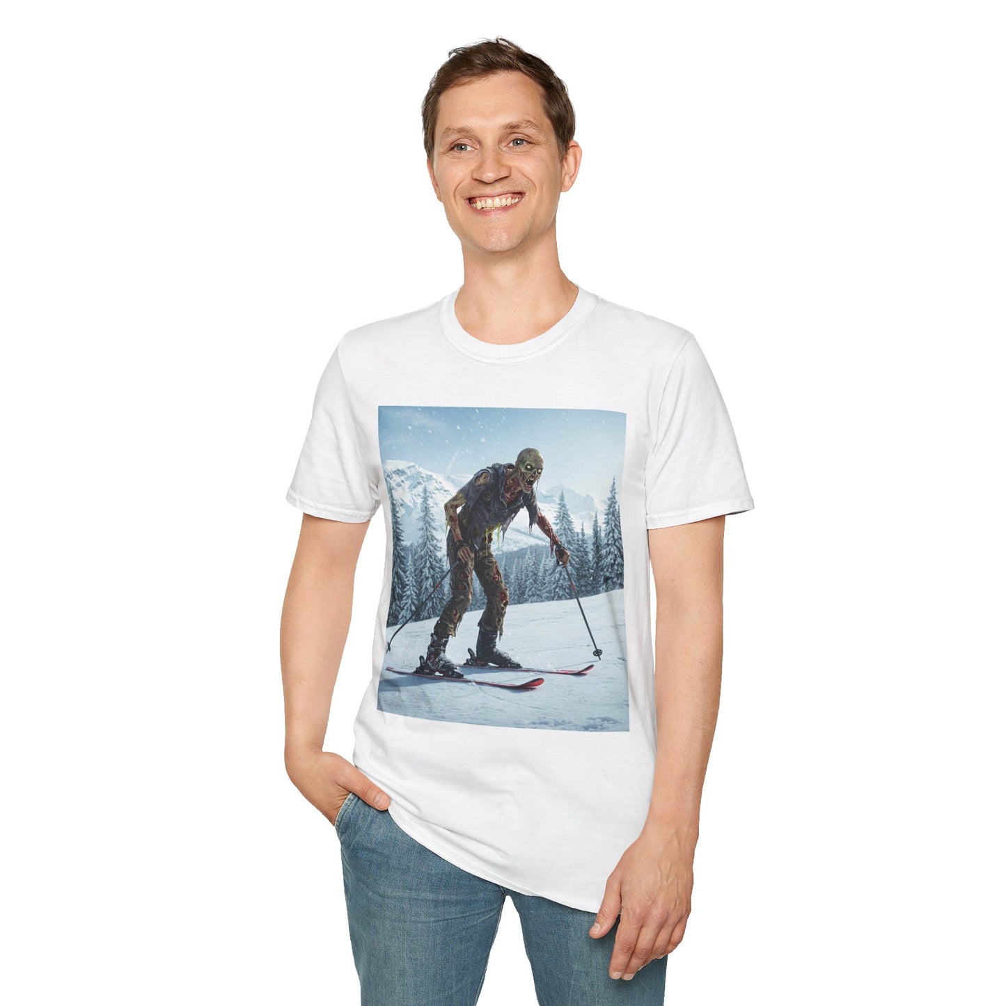 Skiing Zombie Unisex Softstyle T-Shirt - Perfect for Winter Fun & Halloween Enthusiasts