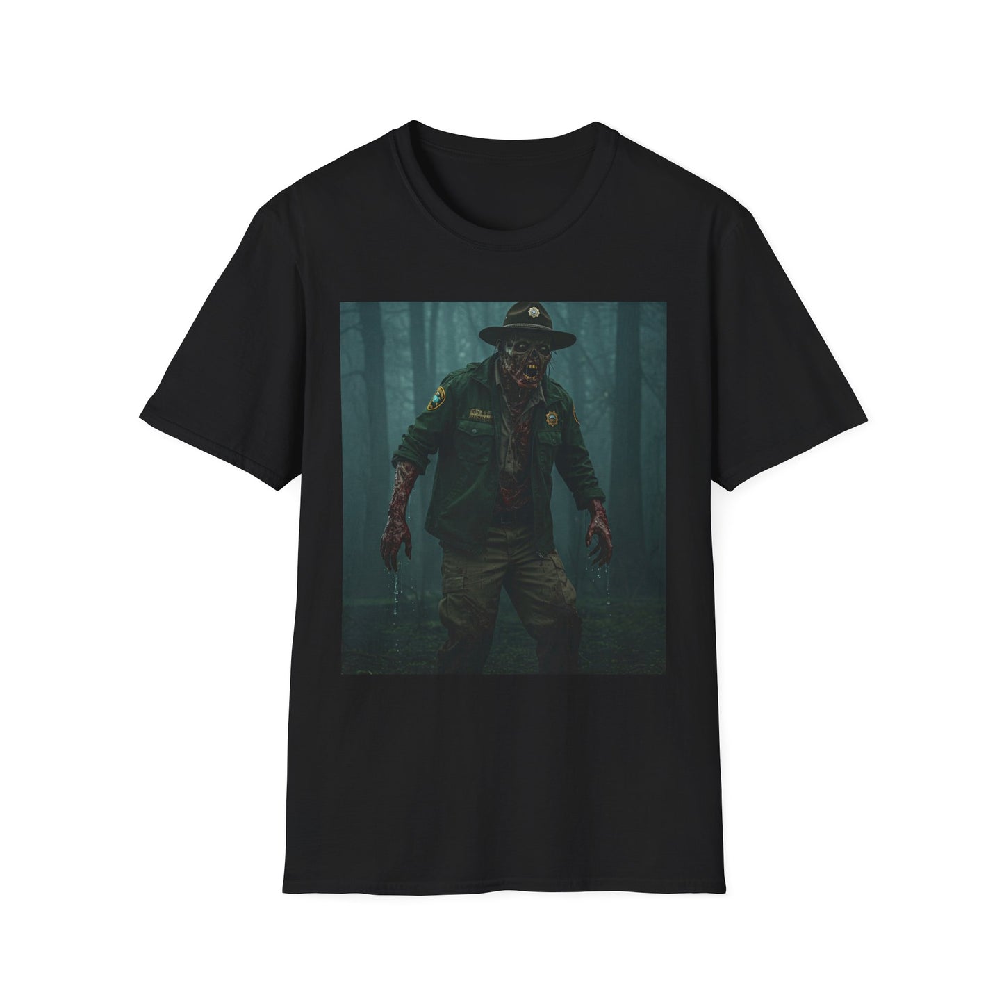 Creepy Forest Ranger Unisex Softstyle T-Shirt - Perfect for Halloween & Horror Fans